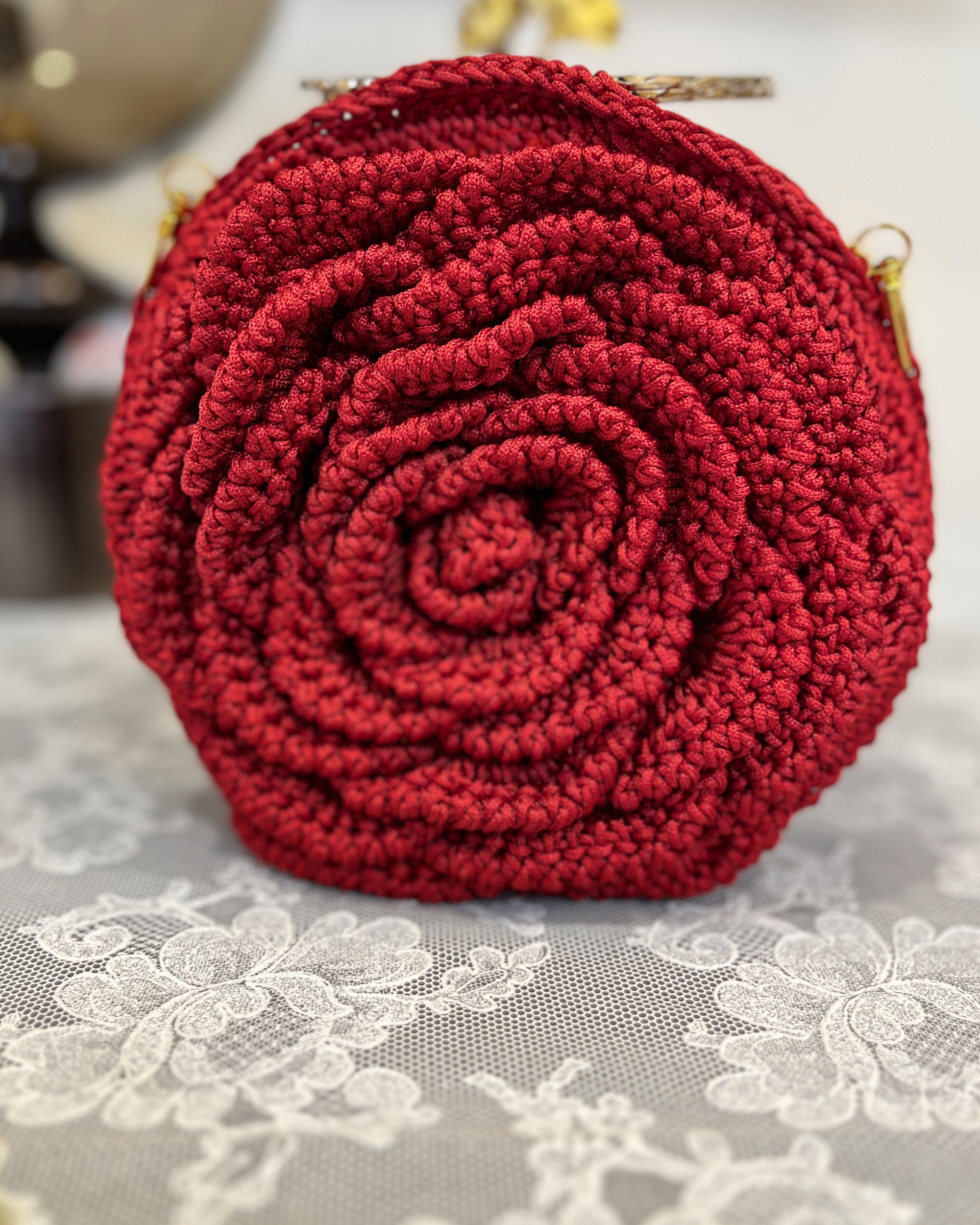 Rosalia Crochet Rose Bag – Handmade 3D Floral Clutch (Deep Red)