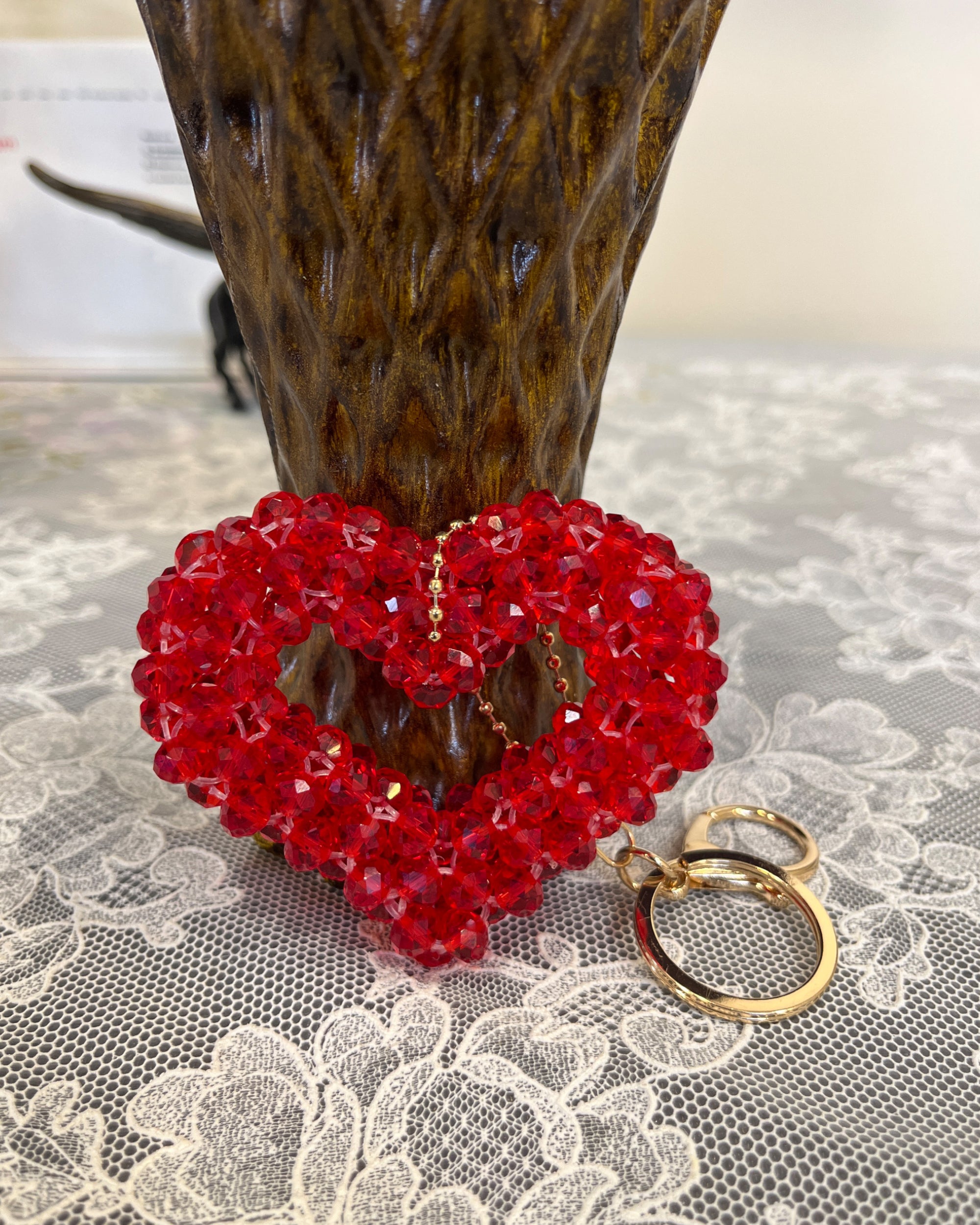 Handmade Crystal Heart Bag Charm - Ruby Heart Beaded Keychain