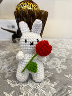 Handmade Crochet Bunny Keychain with Red Flower – Cute Amigurumi Charm