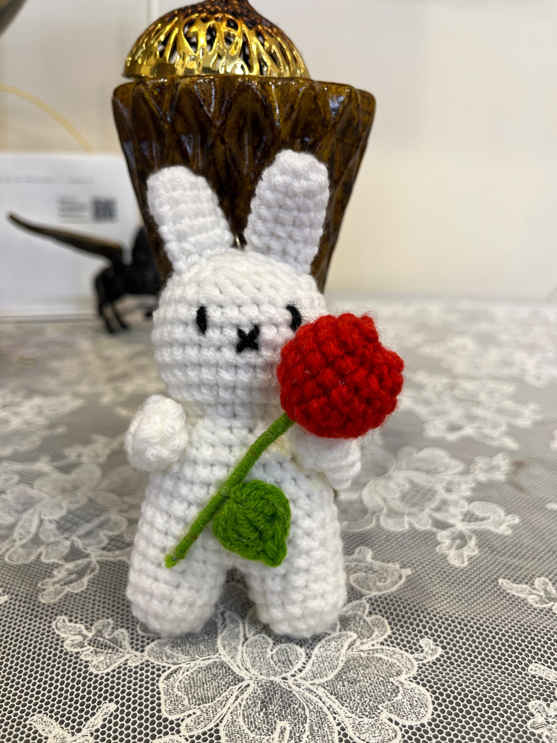 Handmade Crochet Bunny Keychain with Red Flower – Cute Amigurumi Charm