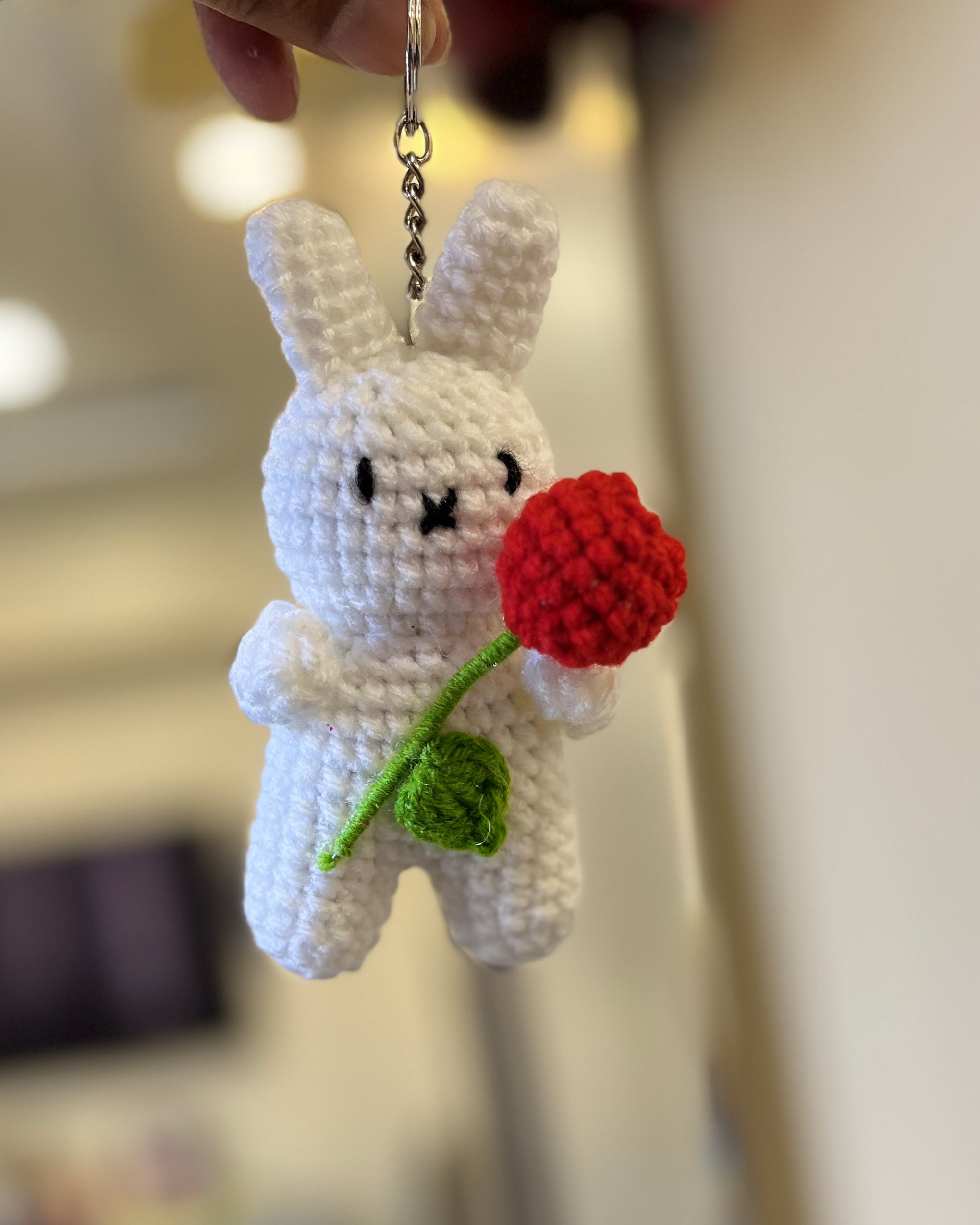 Handmade Crochet Bunny Keychain with Red Flower – Cute Amigurumi Charm