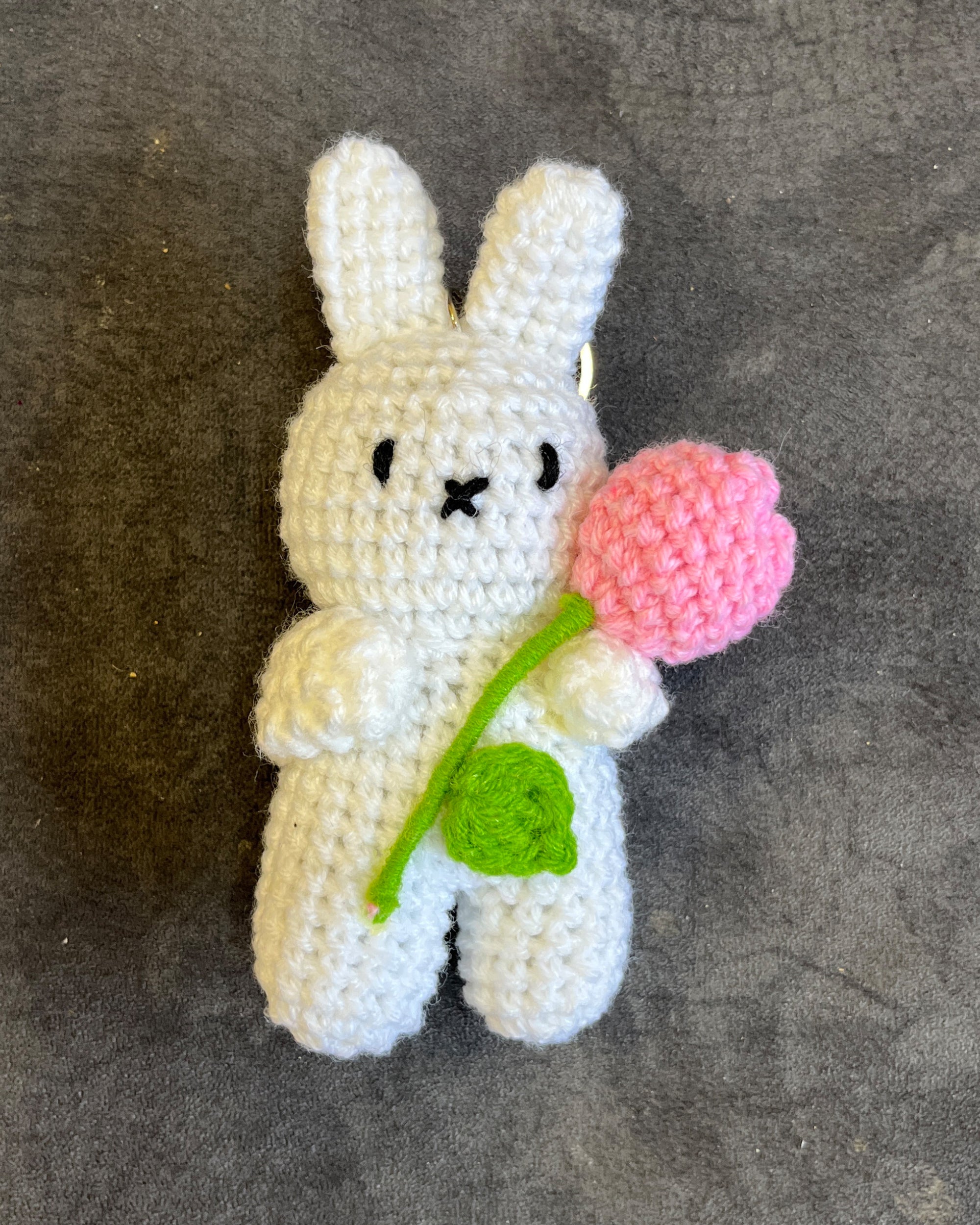 Handmade Crochet Bunny Keychain with Pink Flower – Cute Amigurumi Charm