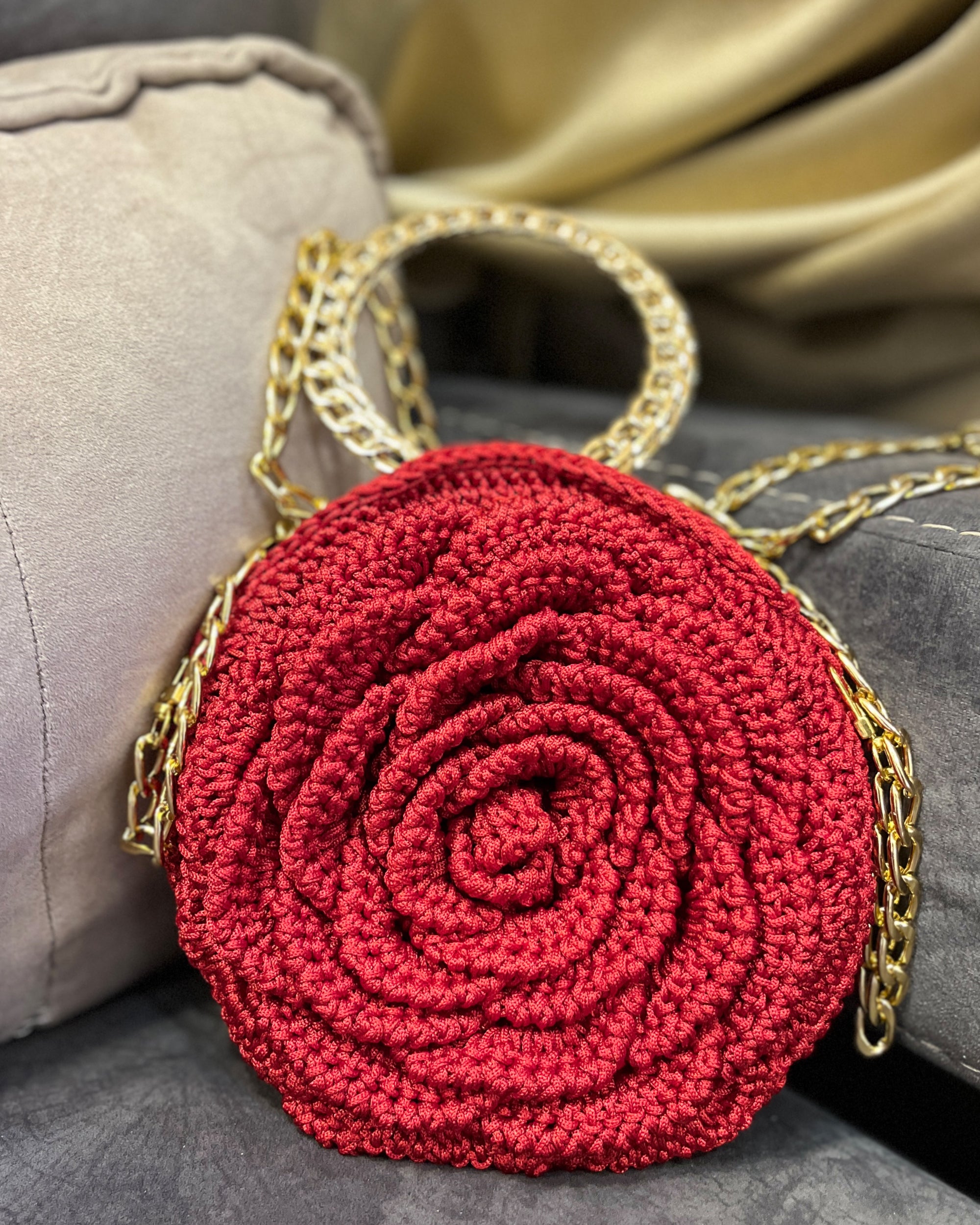 Rosalia Crochet Rose Bag – Handmade 3D Floral Clutch (Deep Red)