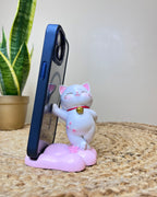 Kawaii Lucky Cat Phone Stand – Playful Standing Pose with Cherry Blossom Paw Base