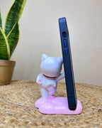 Kawaii Lucky Cat Phone Stand – Playful Standing Pose with Cherry Blossom Paw Base