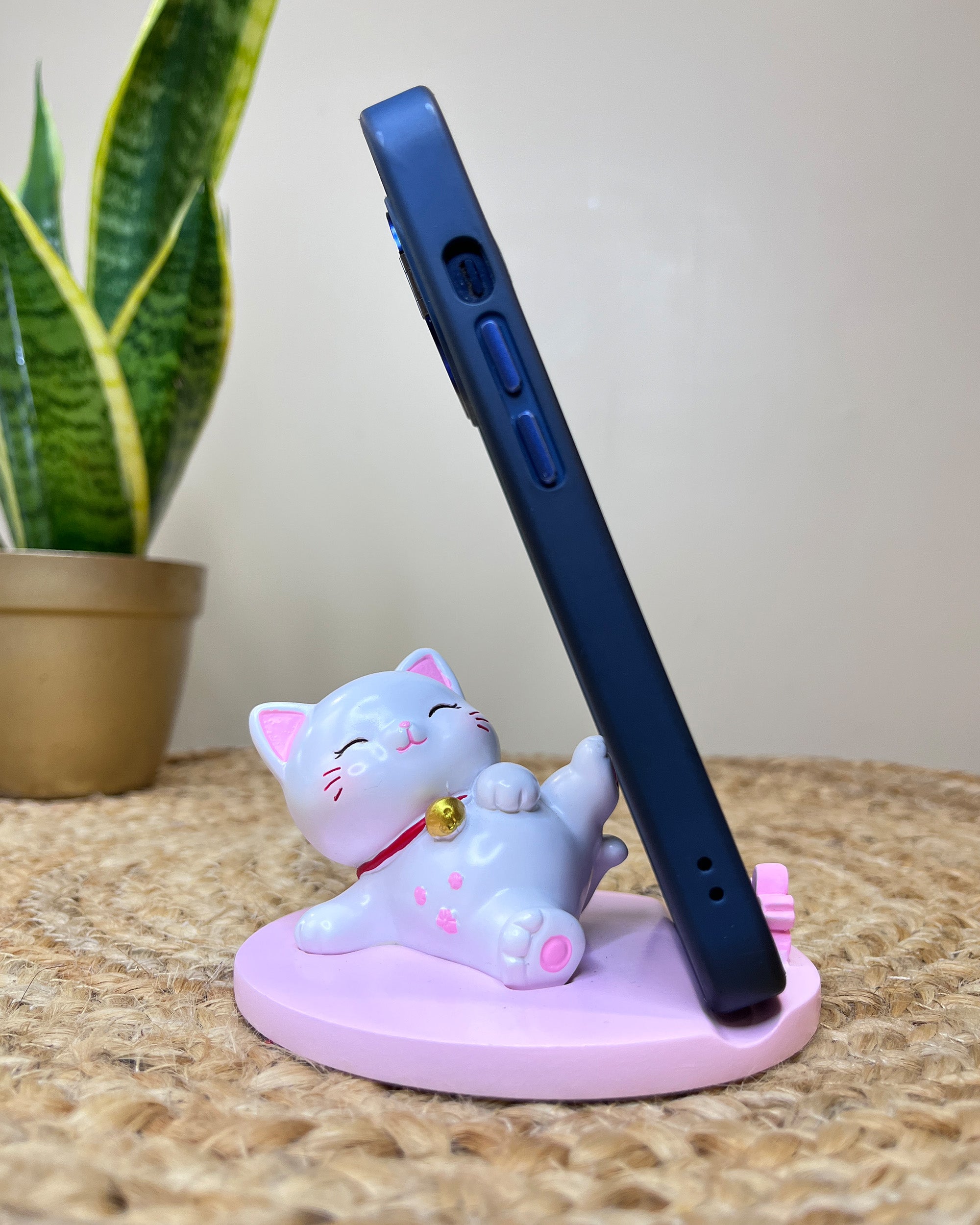Kawaii Lucky Cat Phone Stand – Serene Relaxing Pose with Cherry Blossom Paw Base