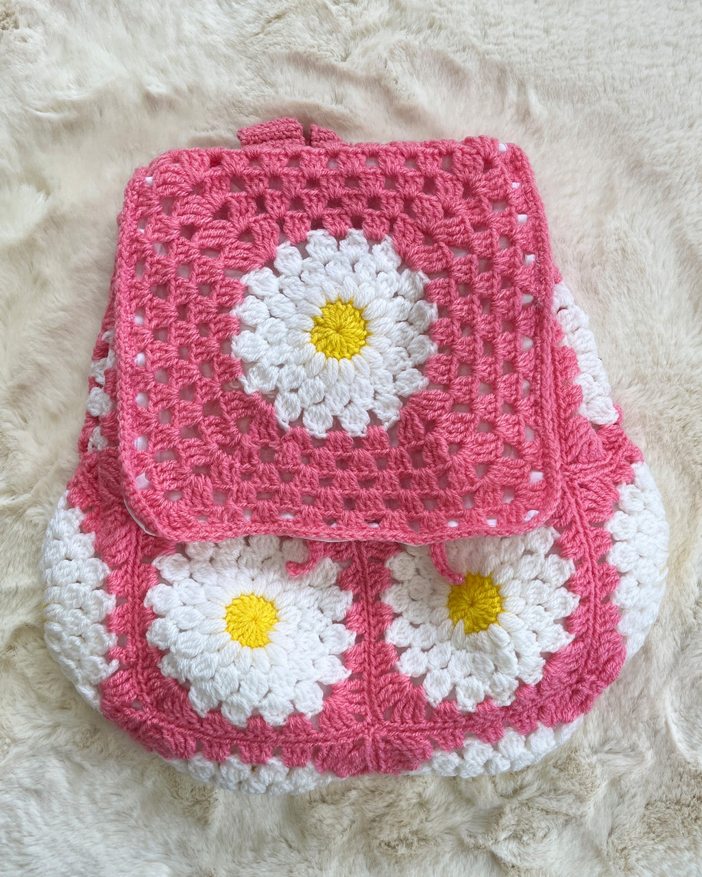 Handcrafted Pink Daisy Crochet Backpack – Pink Backpack with Daisy Accents