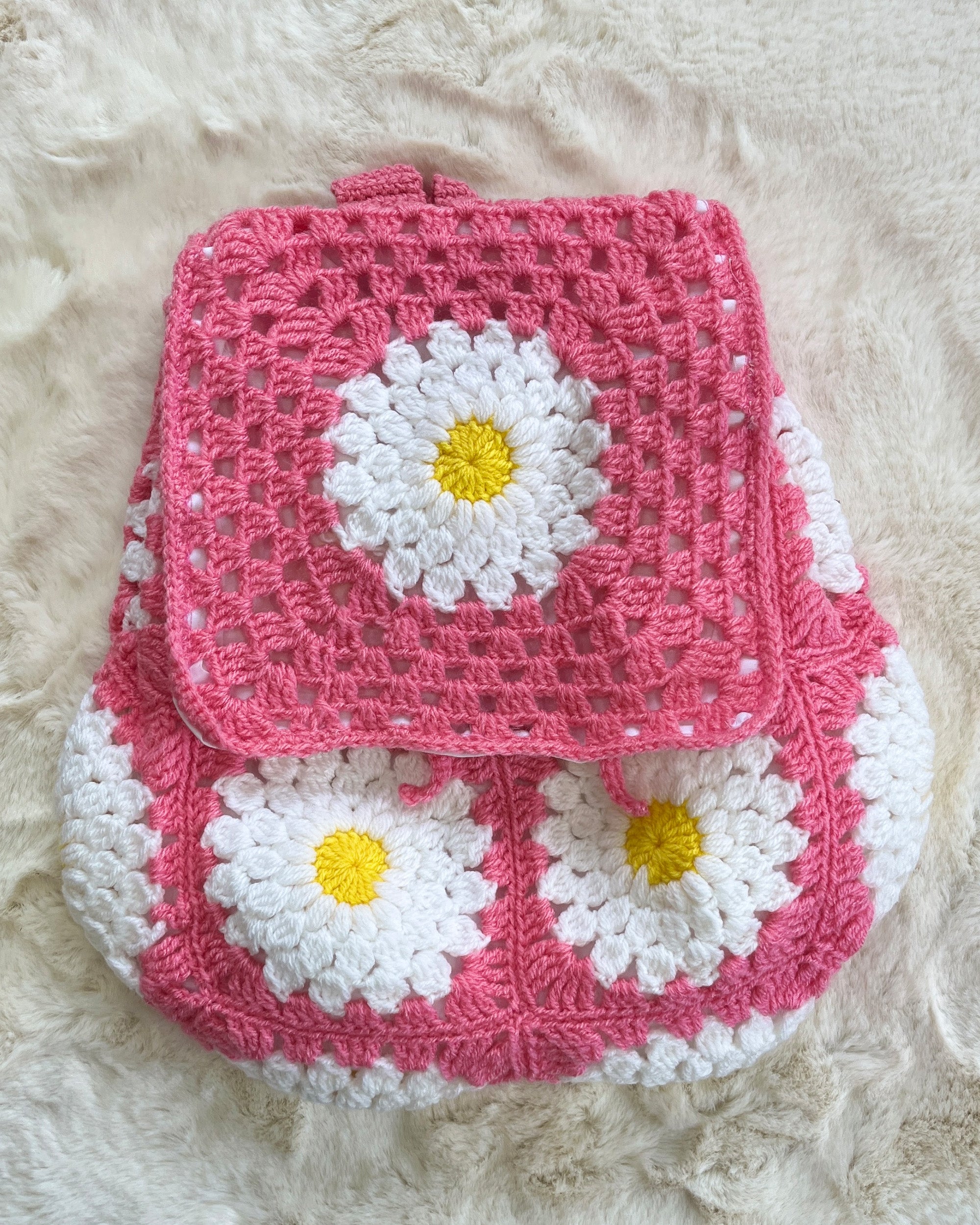 Handcrafted Pink Daisy Crochet Backpack – Pink Backpack with Daisy Accents