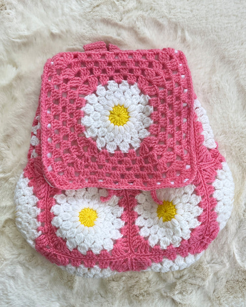 Crochet Backpack Handmade – Pink Daisy Floral Statement Bag
