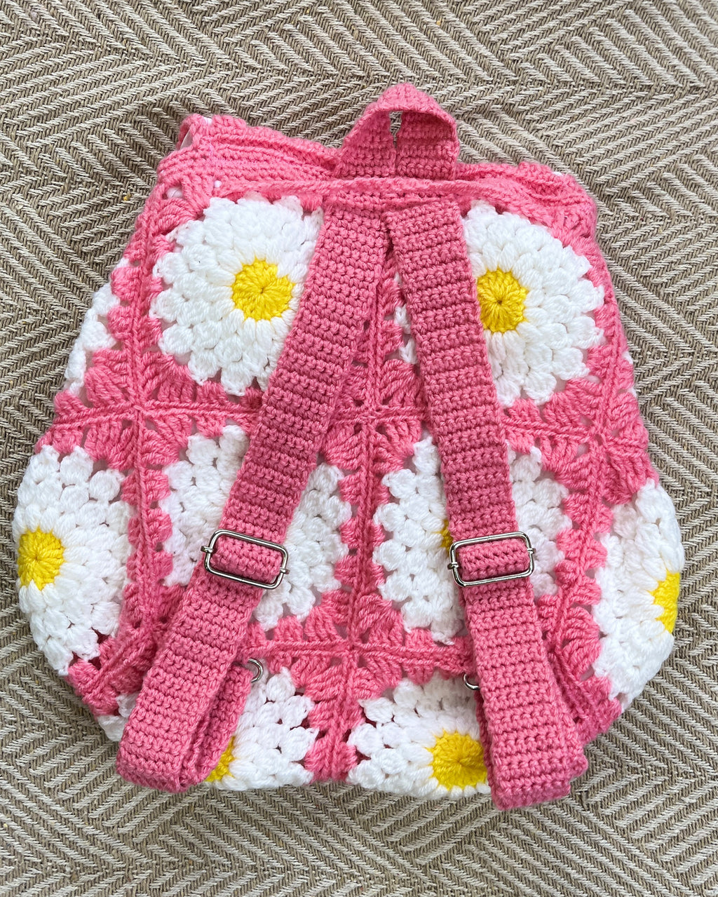 Handcrafted Pink Daisy Crochet Backpack – Pink Backpack with Daisy Accents