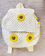 Handcrafted Mini Sunflower Crochet Backpack – White Backpack with Sunflower Motif