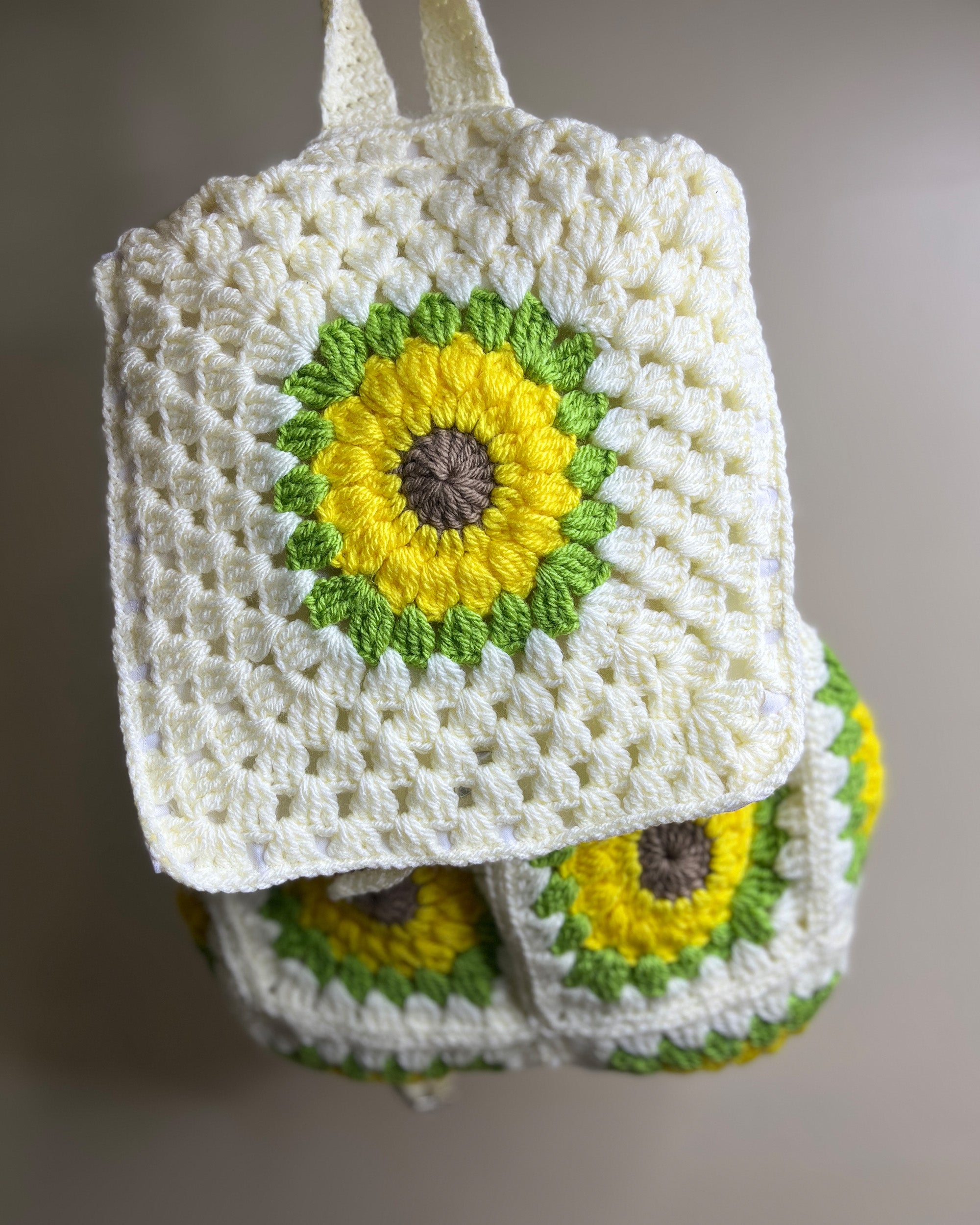Handcrafted Sunflower Crochet Backpack – Cream Backpack with Sunflowers