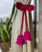 Handmade Romantic Floral Home Decor - Crochet Red & Magenta Tulips Curtain Tieback