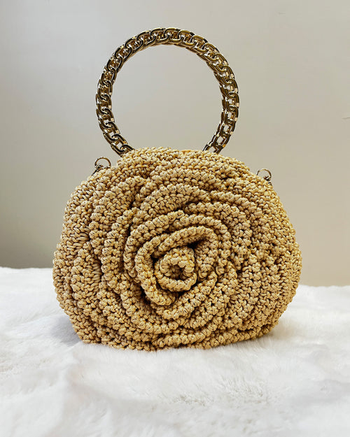 Rosalia Crochet Rose Bag – Handmade 3D Floral Clutch (Golden)