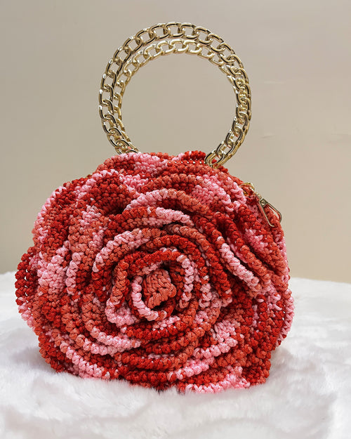 Rosalia Crochet Rose Bag – Handmade 3D Floral Clutch (Red & Pink)