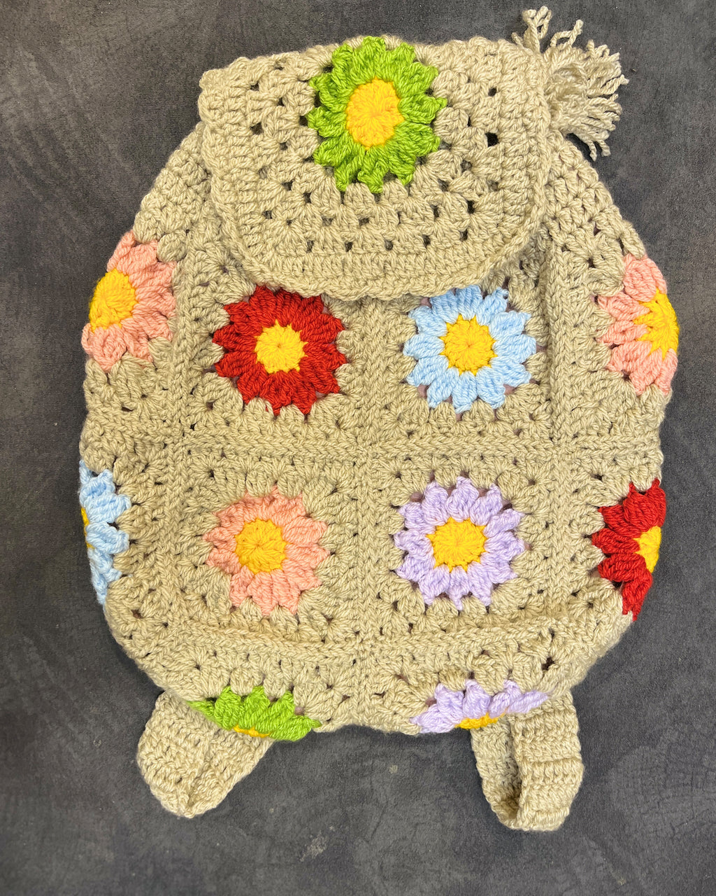 Crochet Backpack Handmade – Beige Floral Boho Statement Bag