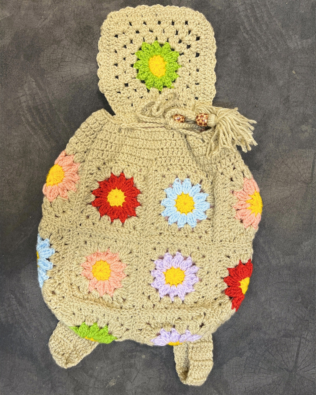 Crochet Backpack Handmade – Beige Floral Boho Statement Bag