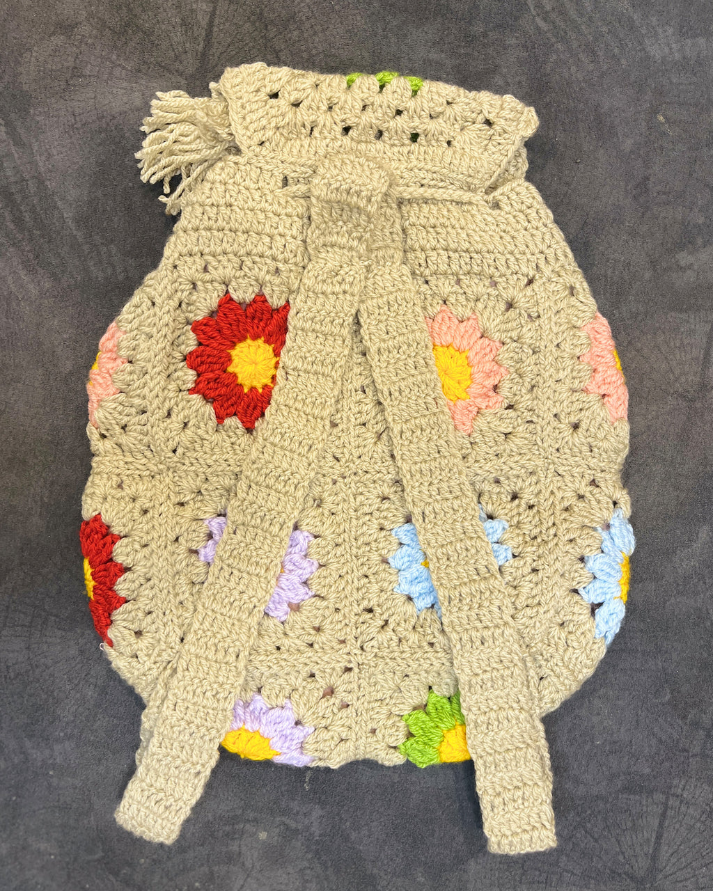 Crochet Backpack Handmade – Beige Floral Boho Statement Bag