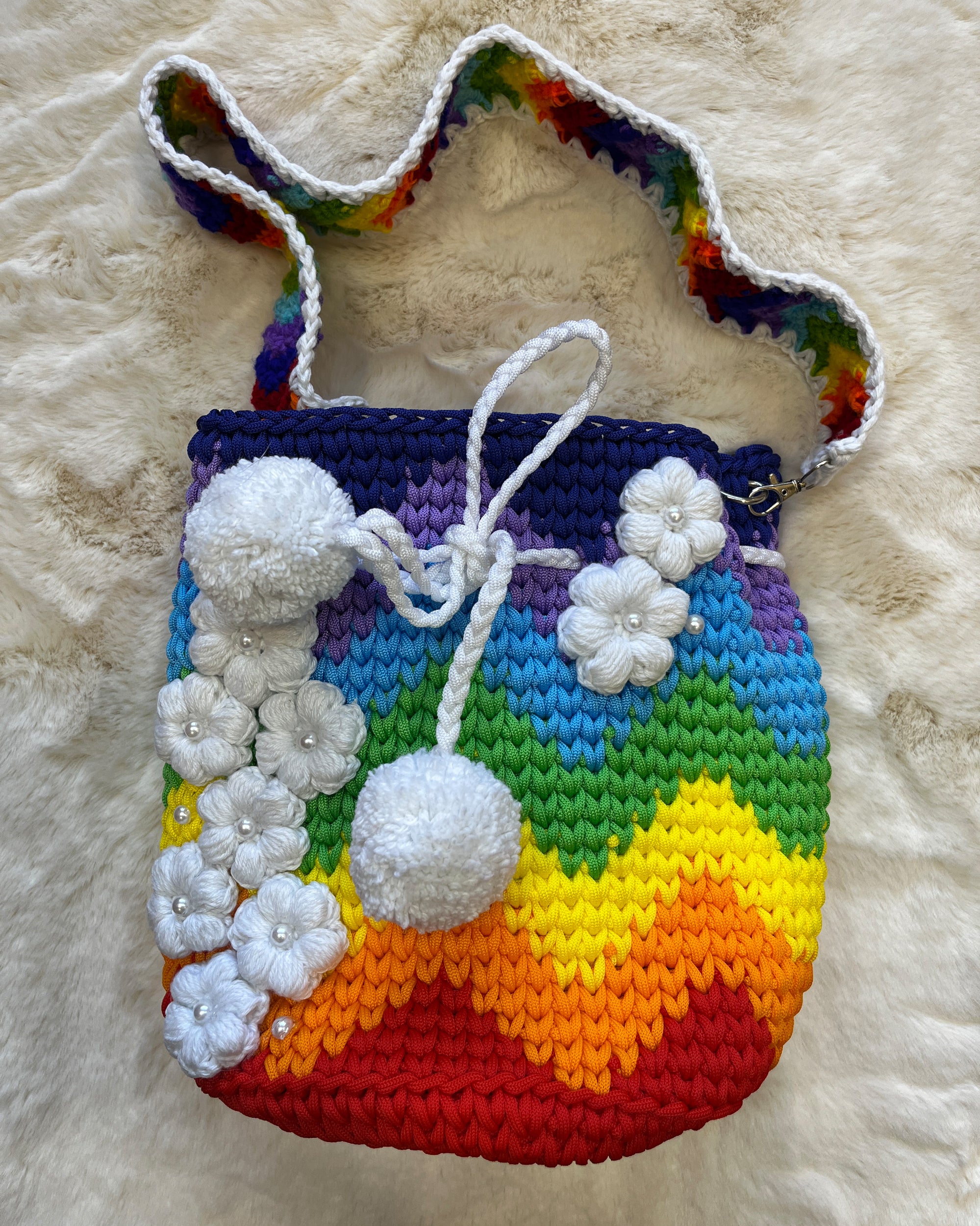 🌈 Rainbow Crochet Shoulder Bag – 3D Flower Accents & Pom Charms
