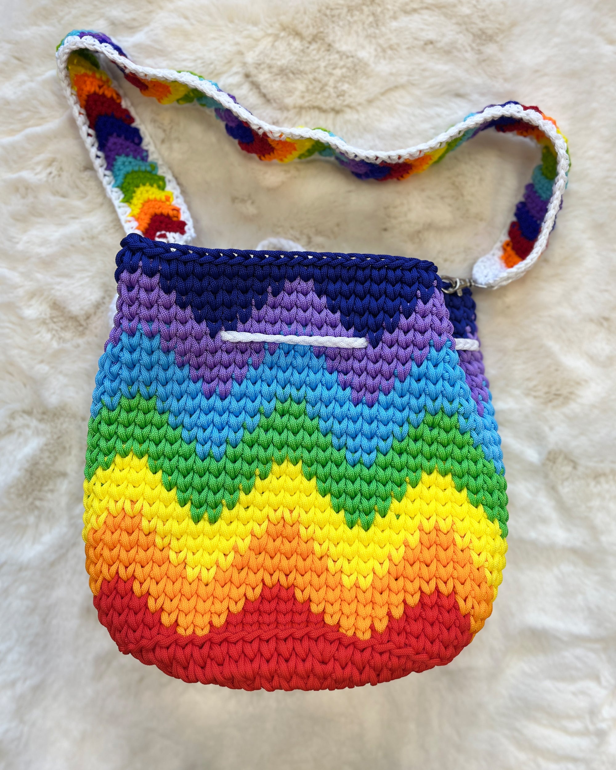 🌈 Rainbow Crochet Shoulder Bag – 3D Flower Accents & Pom Charms