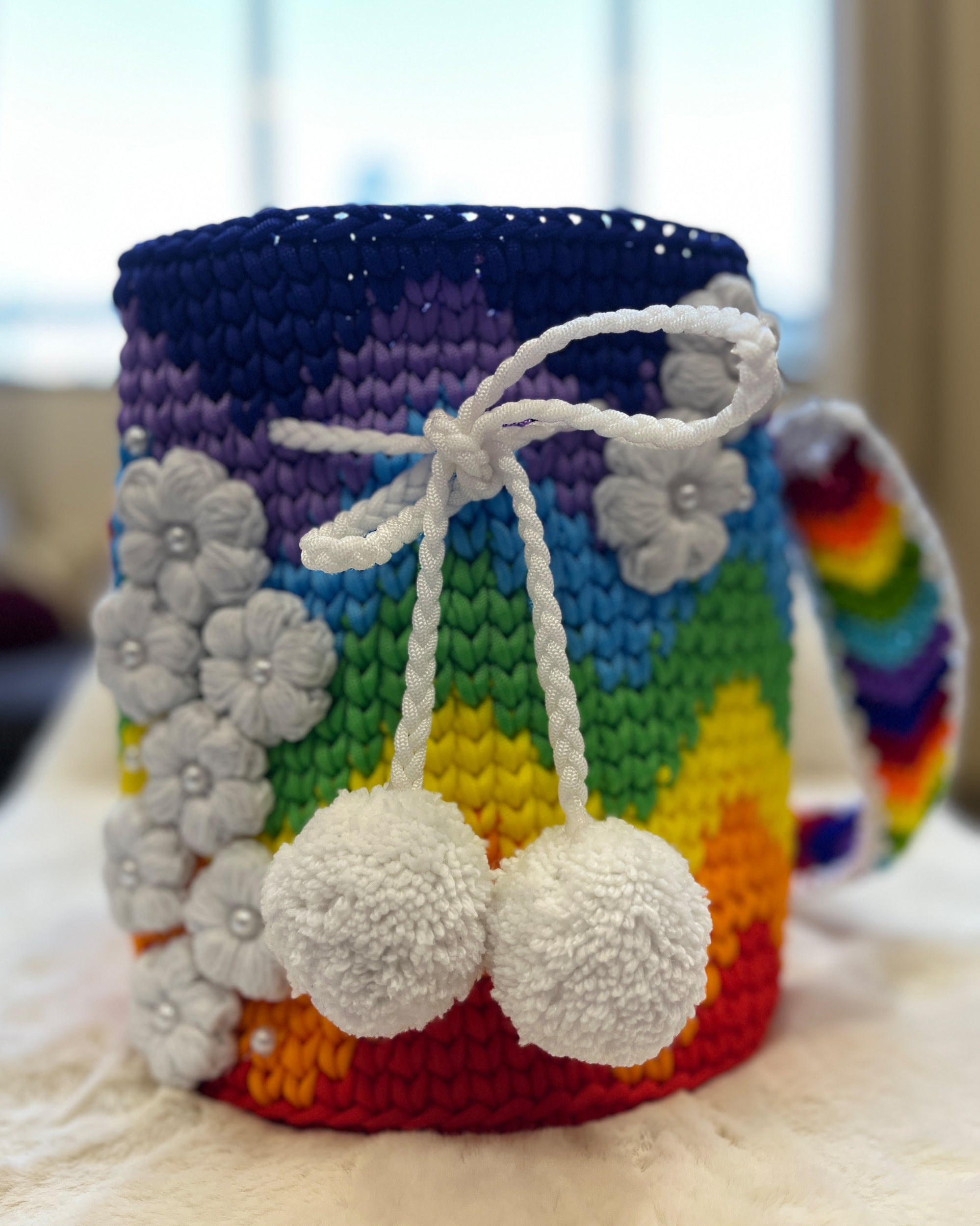 🌈 Rainbow Crochet Shoulder Bag – 3D Flower Accents & Pom Charms