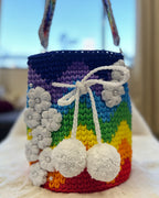 🌈 Rainbow Crochet Shoulder Bag – 3D Flower Accents & Pom Charms