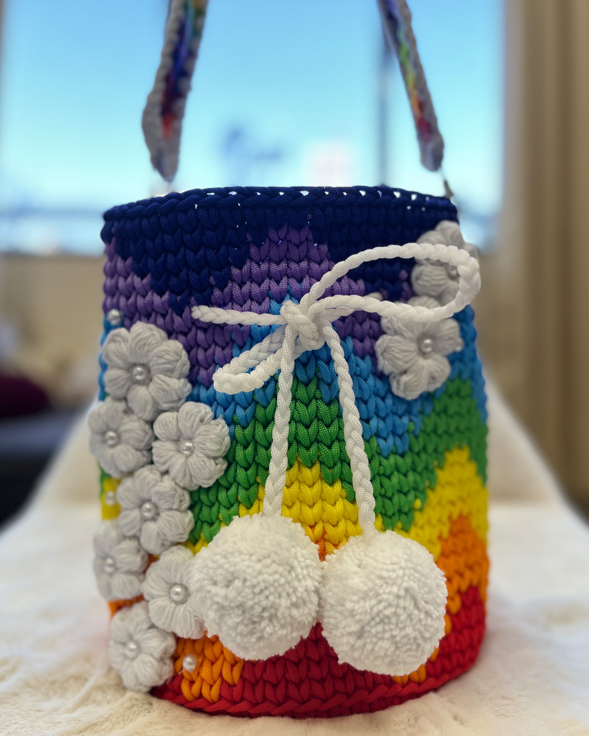 🌈 Rainbow Crochet Shoulder Bag – 3D Flower Accents & Pom Charms
