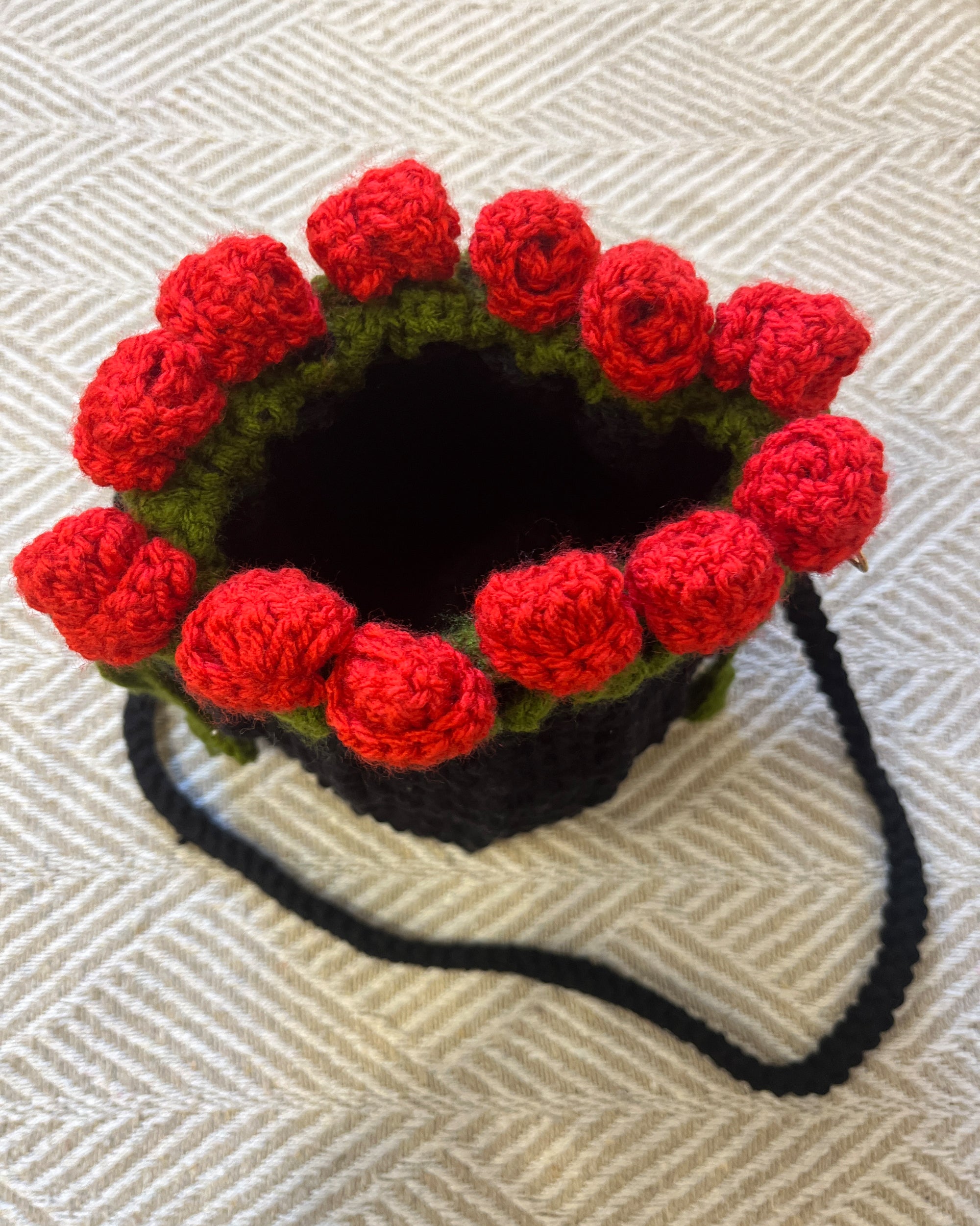 Midnight Crochet Drawstring Sling Purse – Scarlet Rose Edition