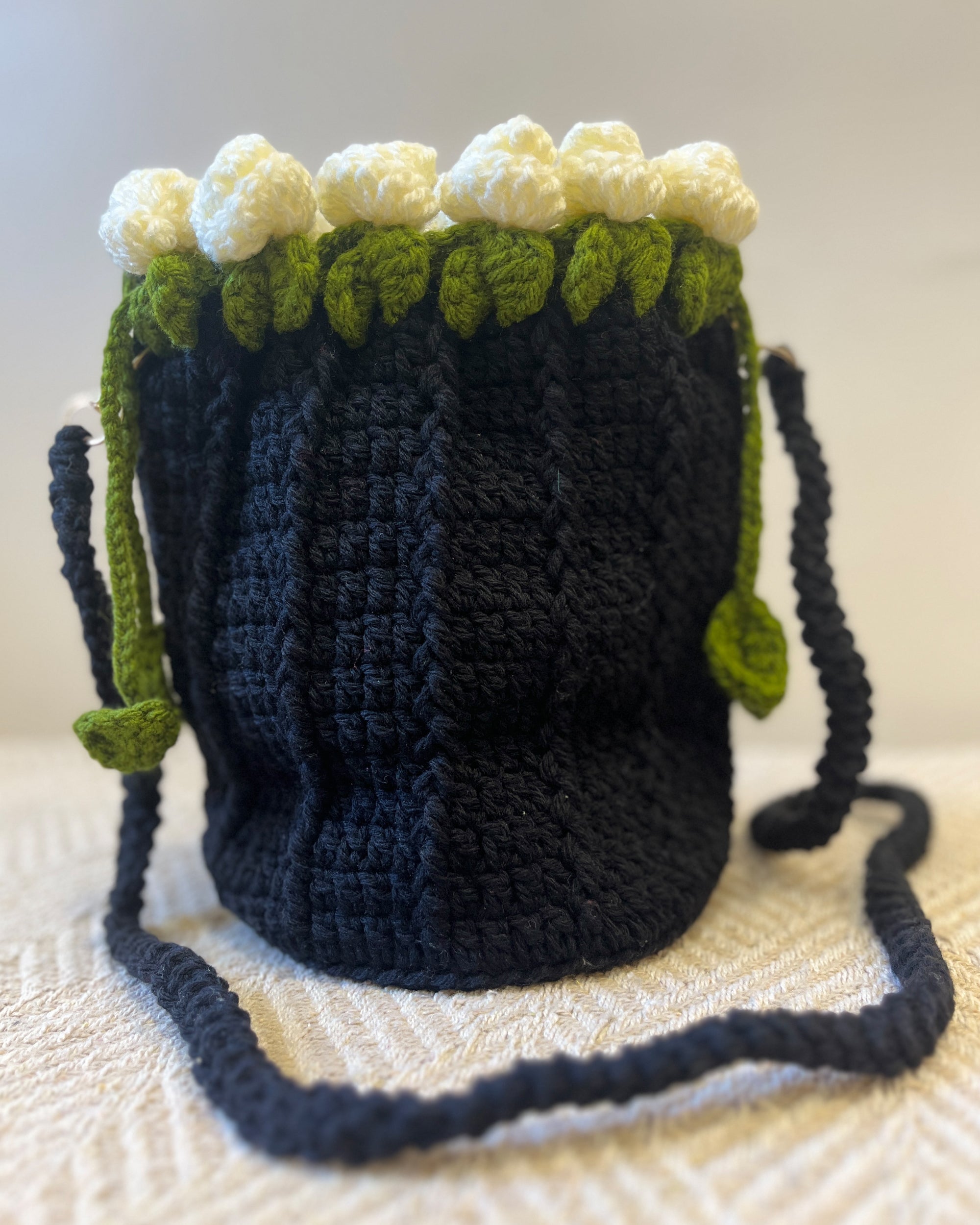 Midnight Crochet Drawstring Sling Purse – Ivory Rose Edition