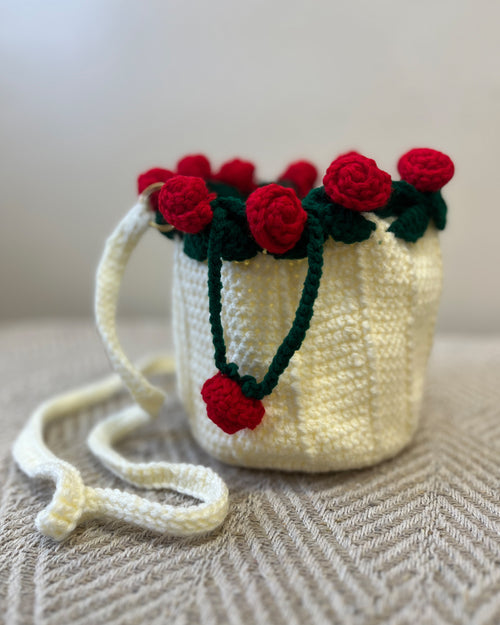 Vanilla Crochet Drawstring Sling Purse – Scarlet Rose Edition