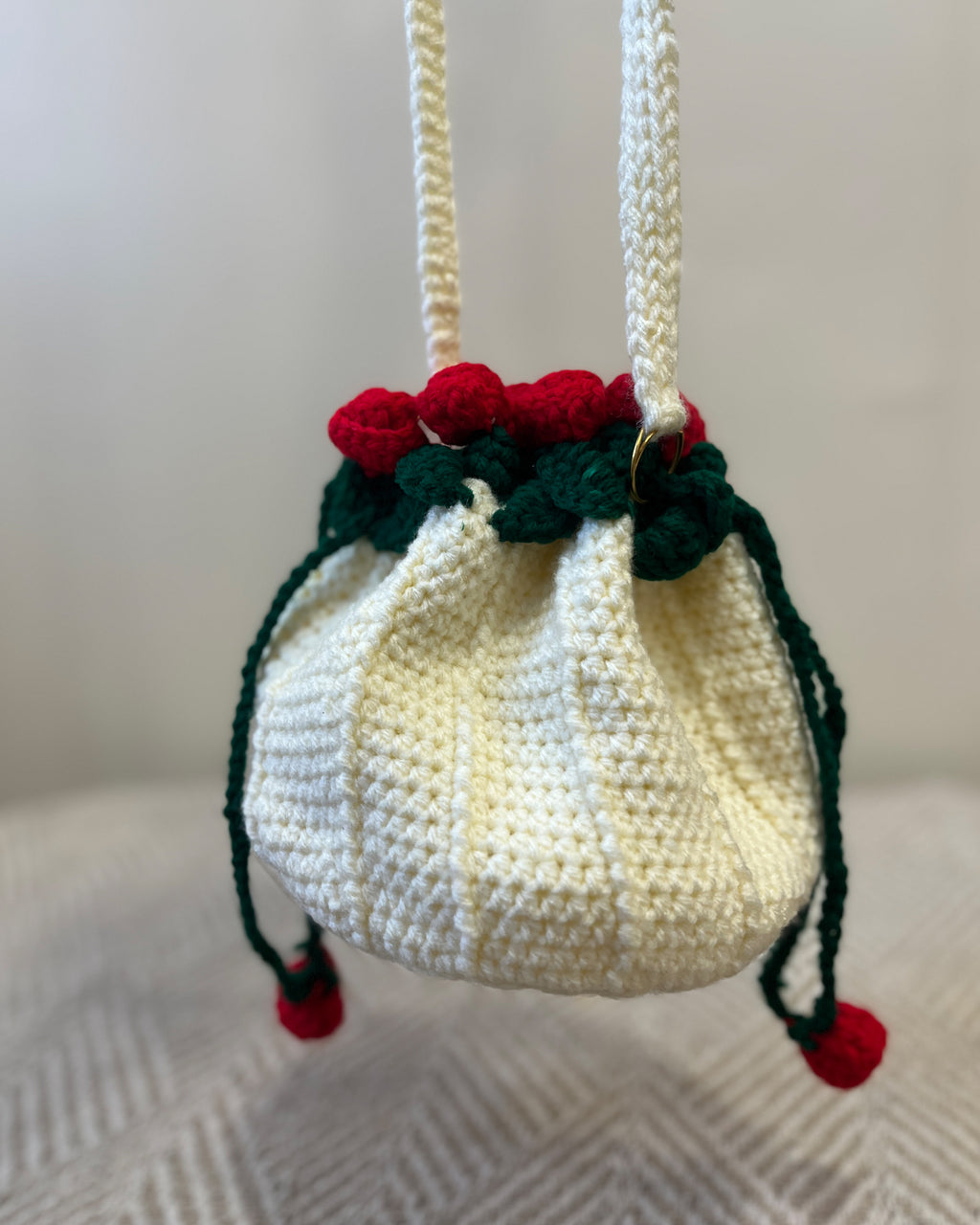 Vanilla Crochet Drawstring Sling Purse – Scarlet Rose Edition