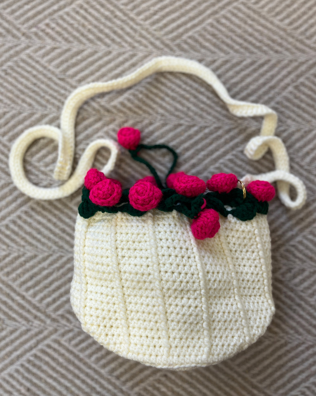 Vanilla Crochet Drawstring Sling Purse – Blush Rose Edition