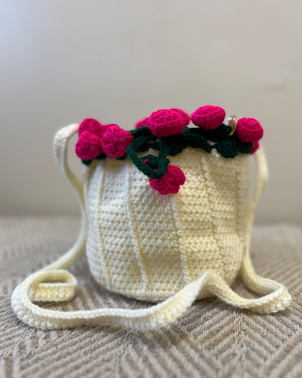 Vanilla Crochet Drawstring Sling Purse – Blush Rose Edition