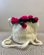 Vanilla Crochet Drawstring Sling Purse – Blush Rose Edition