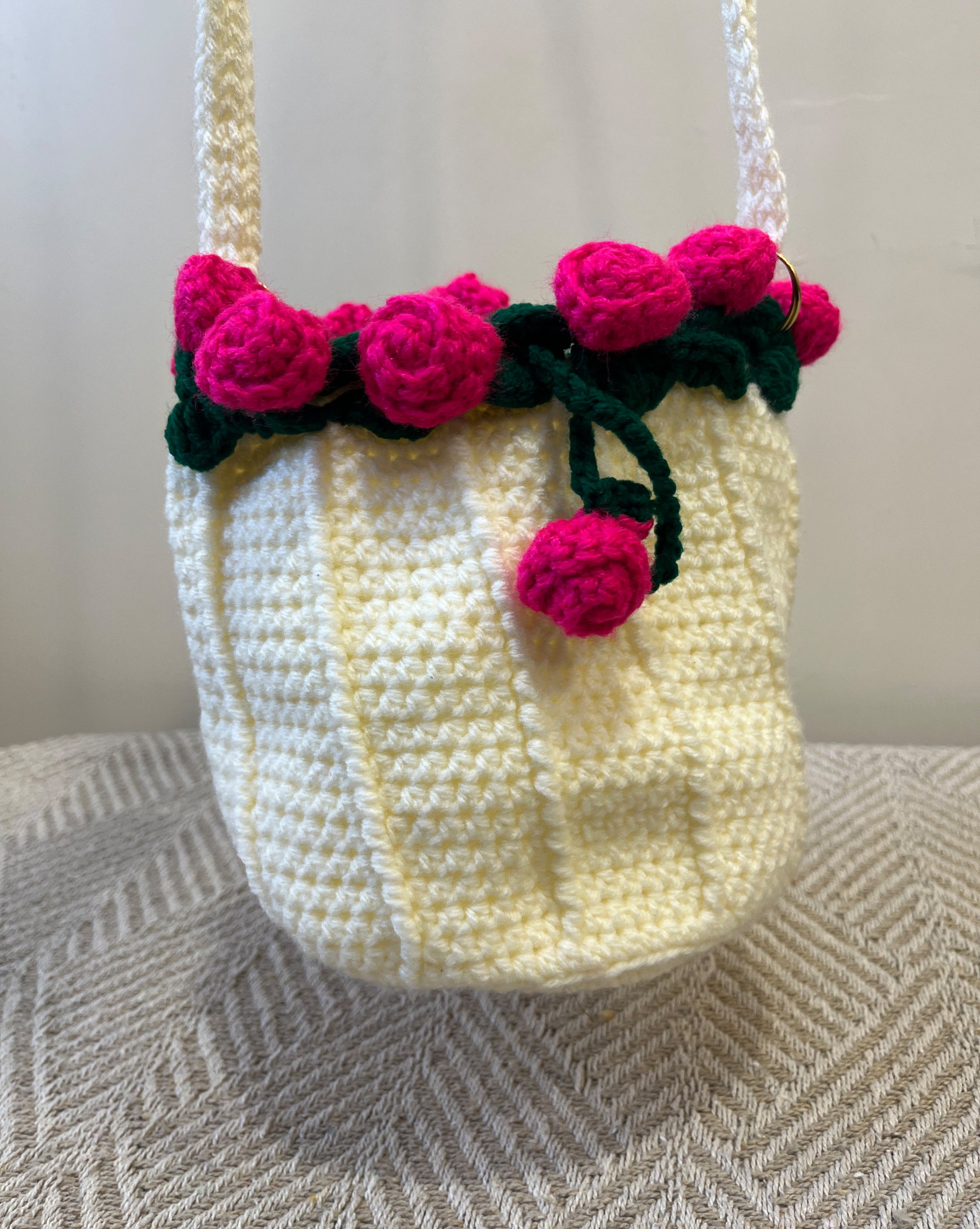 Vanilla Crochet Drawstring Sling Purse – Blush Rose Edition