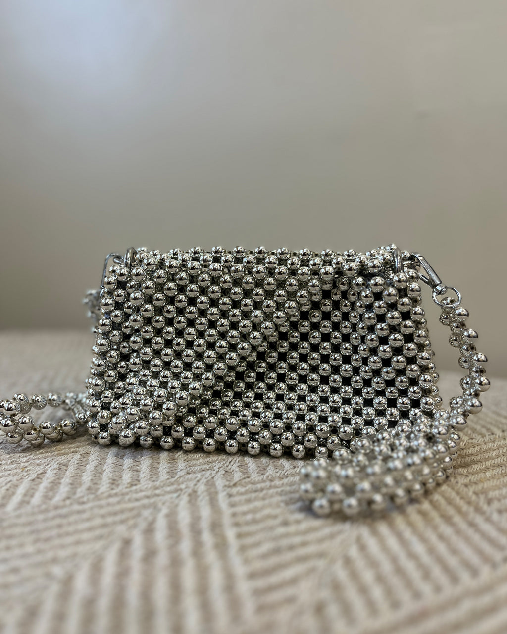 Handcrafted Metallic Purse - Silver Spark Beaded Mini Sling Bag