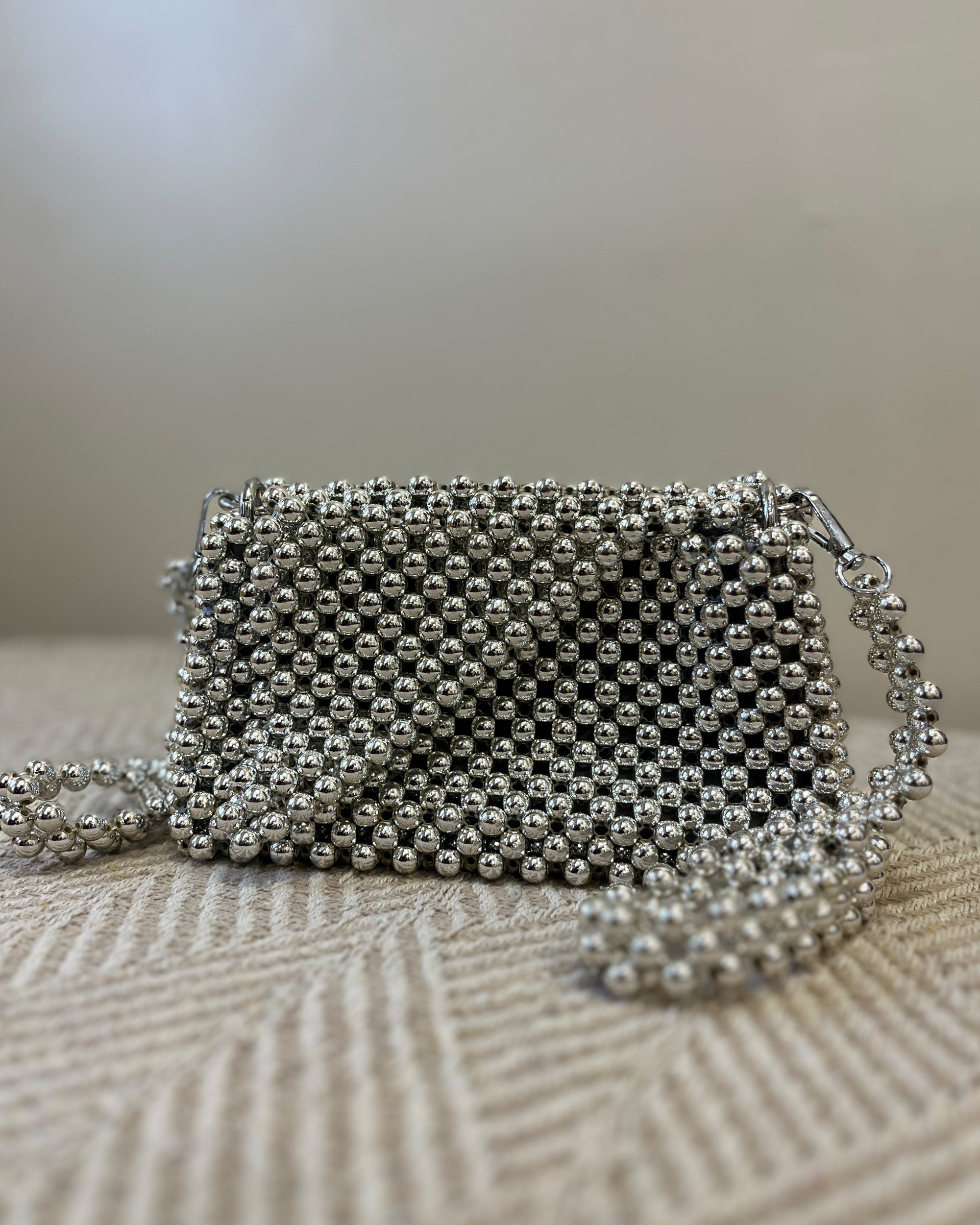 Handcrafted Metallic Purse - Silver Spark Beaded Mini Sling Bag