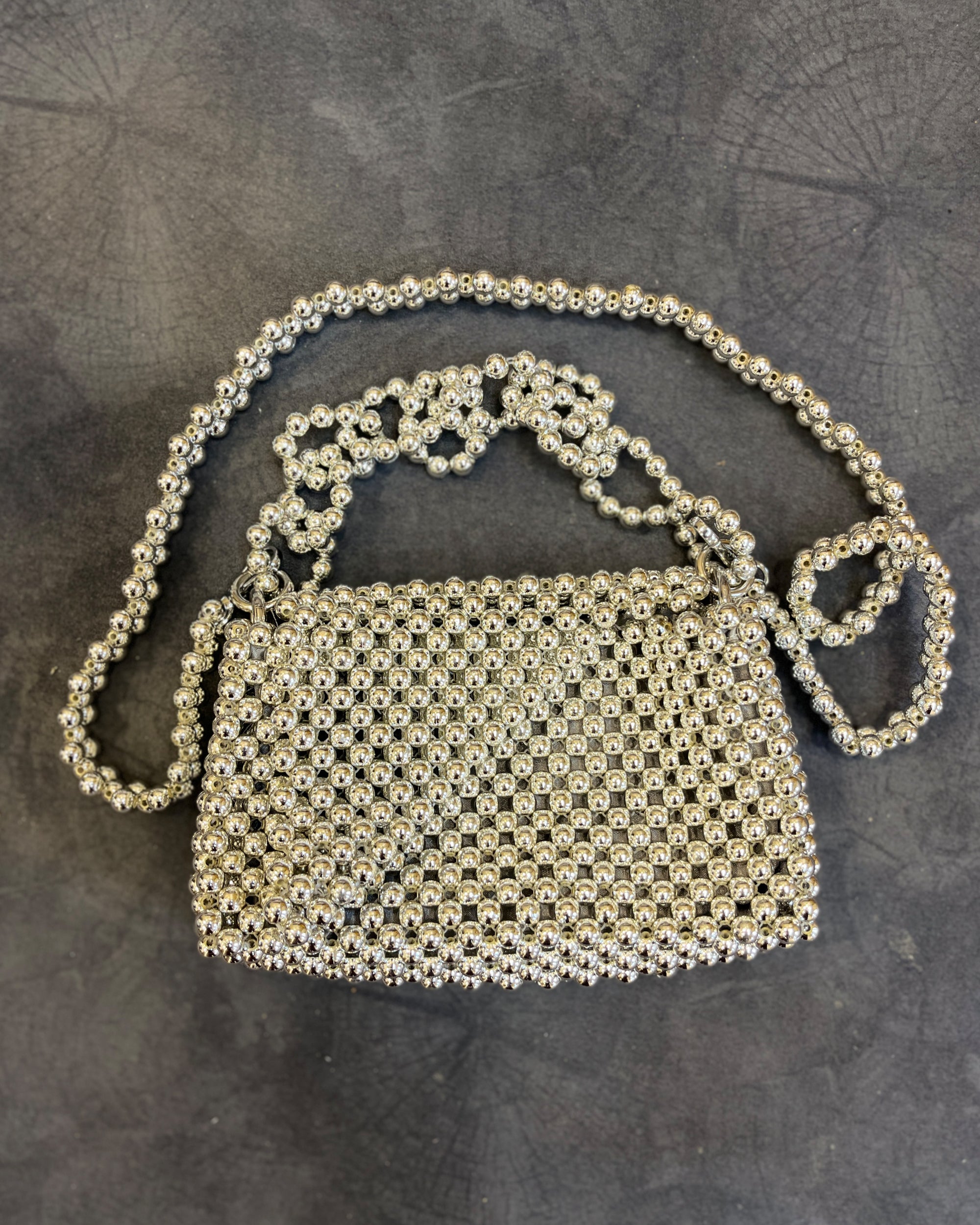 Handcrafted Metallic Purse - Silver Spark Beaded Mini Sling Bag