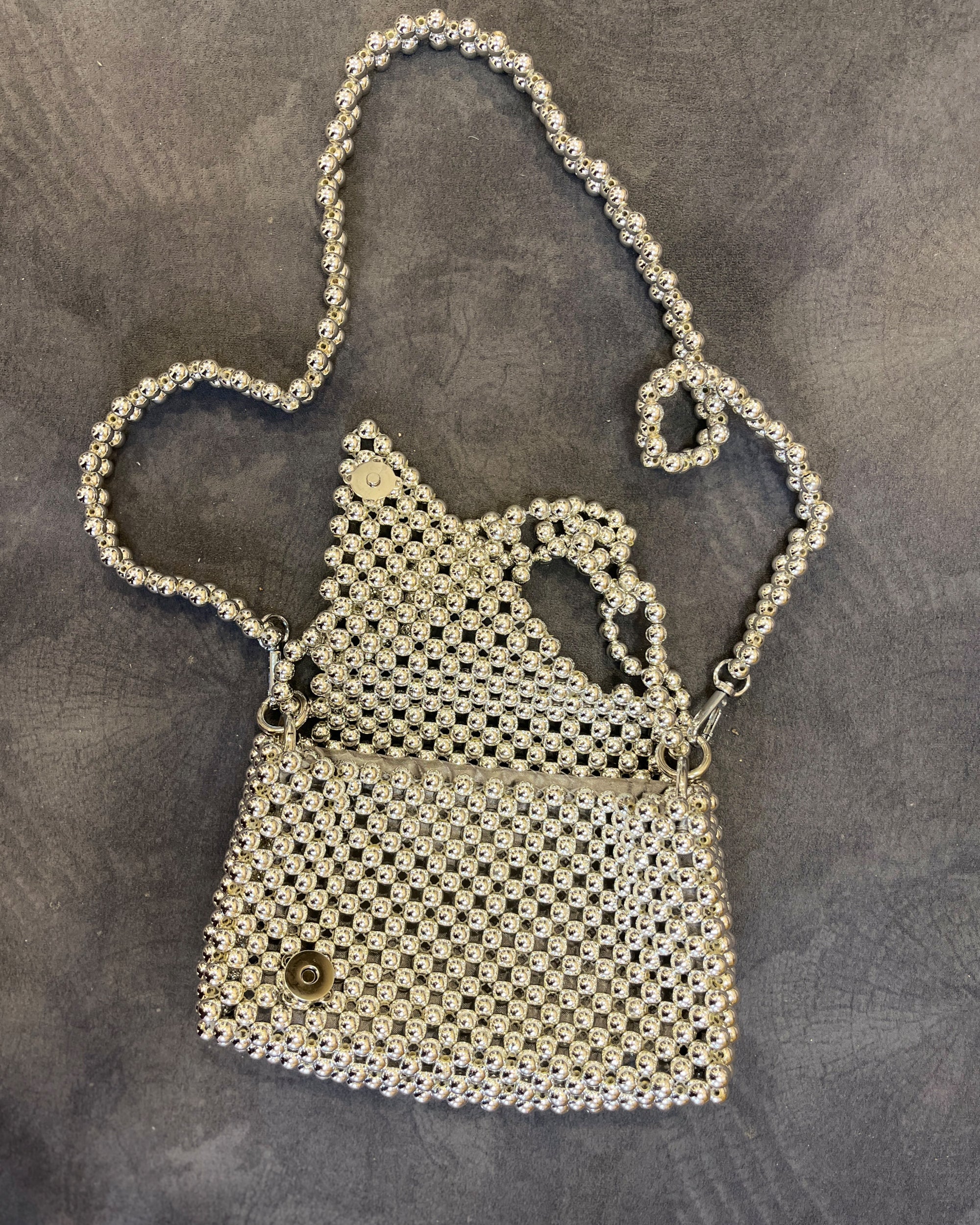 Handcrafted Metallic Purse - Silver Spark Beaded Mini Sling Bag