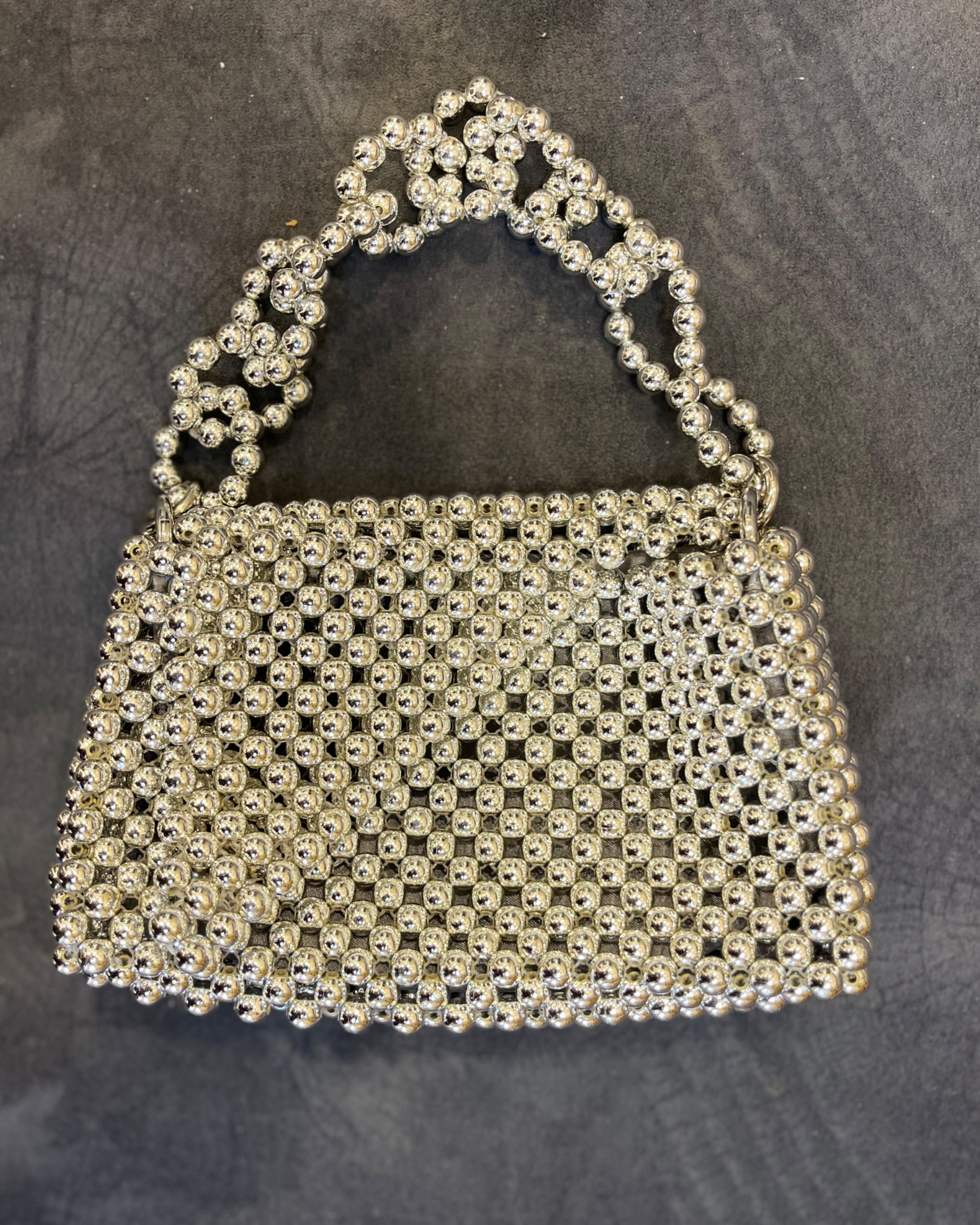 Handcrafted Metallic Purse - Silver Spark Beaded Mini Sling Bag