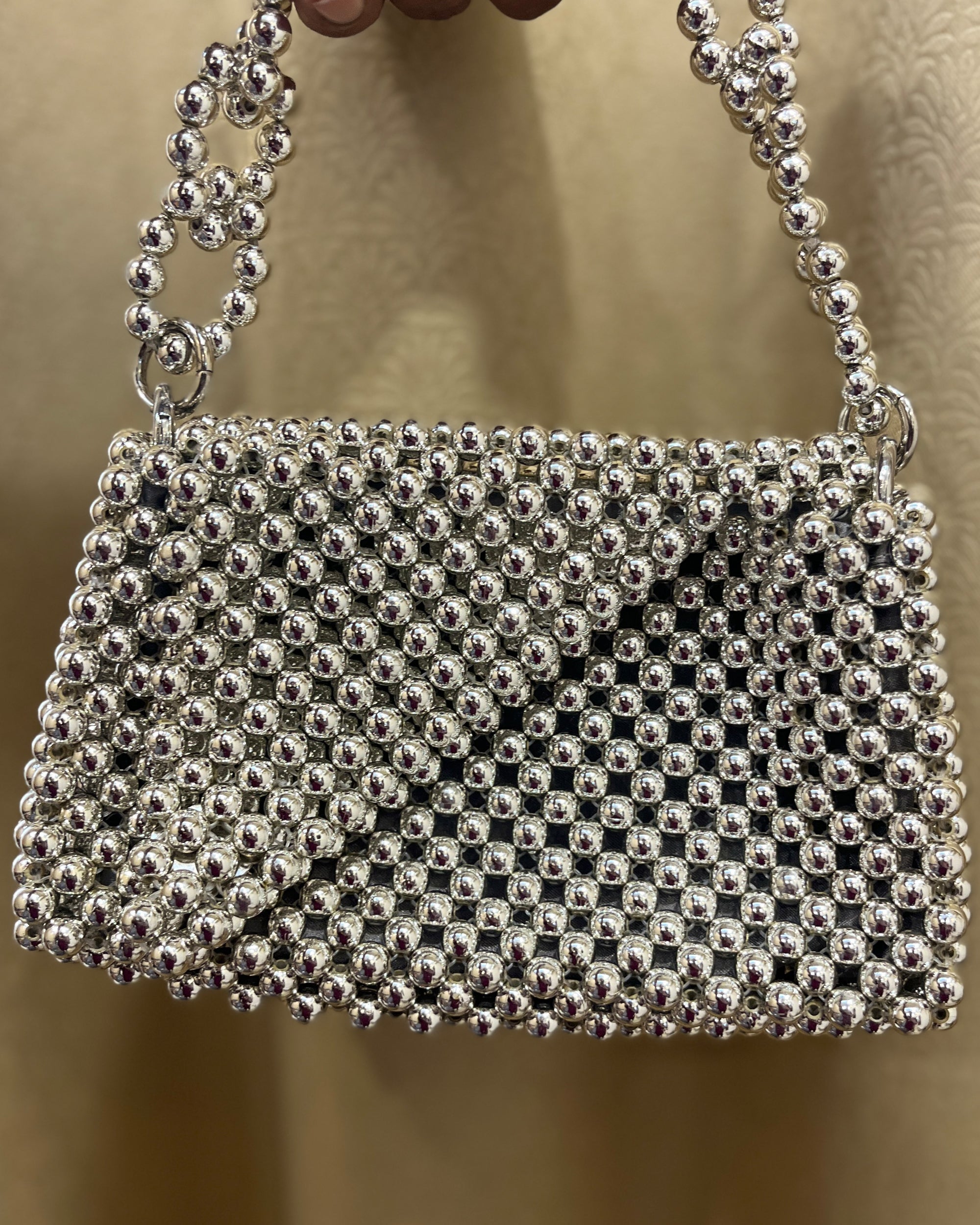 Handcrafted Metallic Purse - Silver Spark Beaded Mini Sling Bag