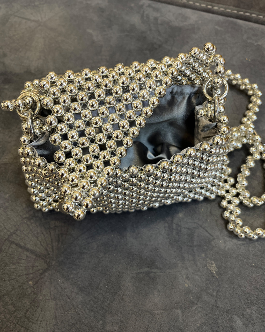 Handcrafted Metallic Purse - Silver Spark Beaded Mini Sling Bag