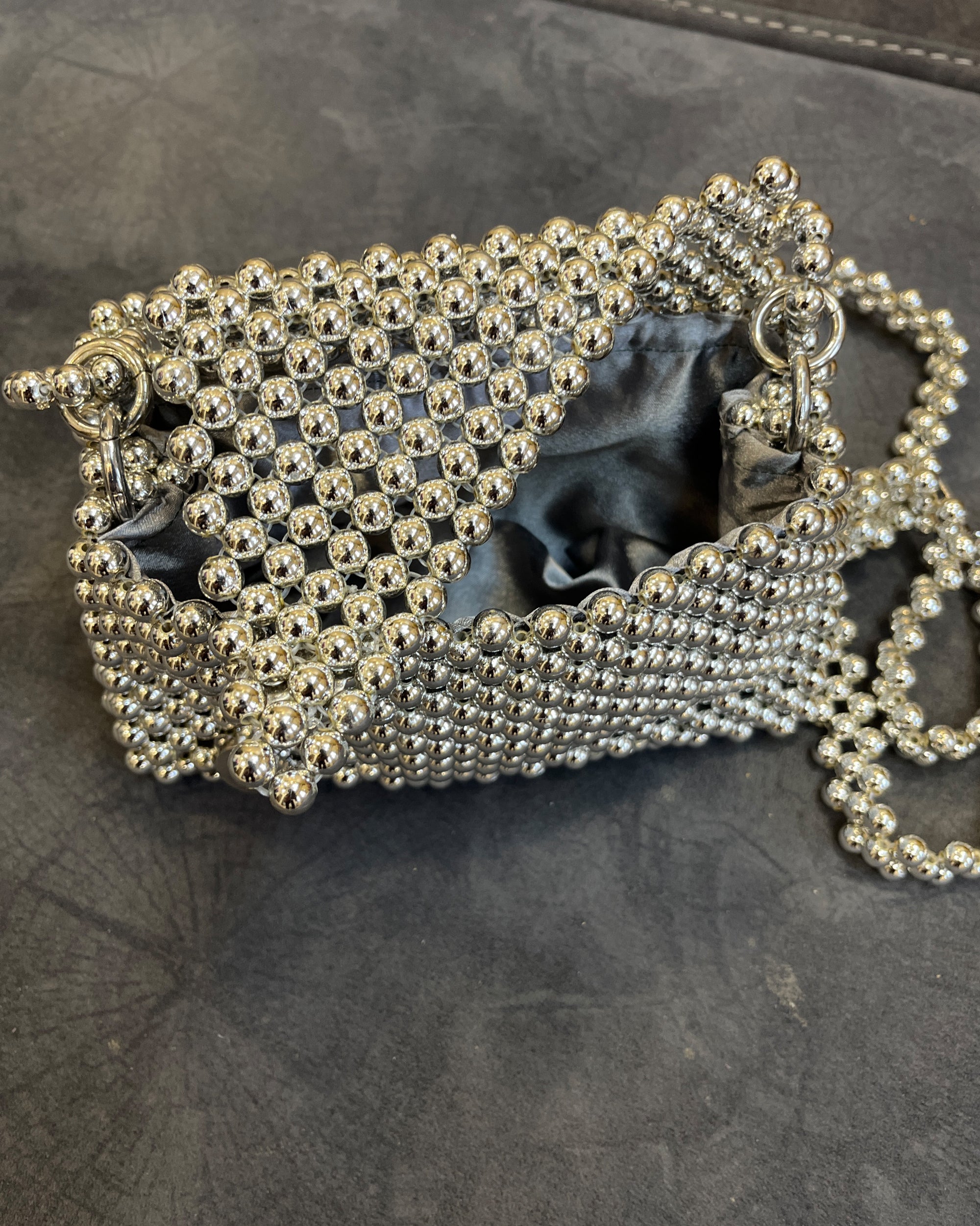 Handcrafted Metallic Purse - Silver Spark Beaded Mini Sling Bag