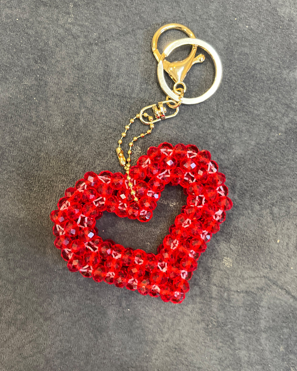 Handmade Crystal Heart Bag Charm - Ruby Heart Beaded Keychain