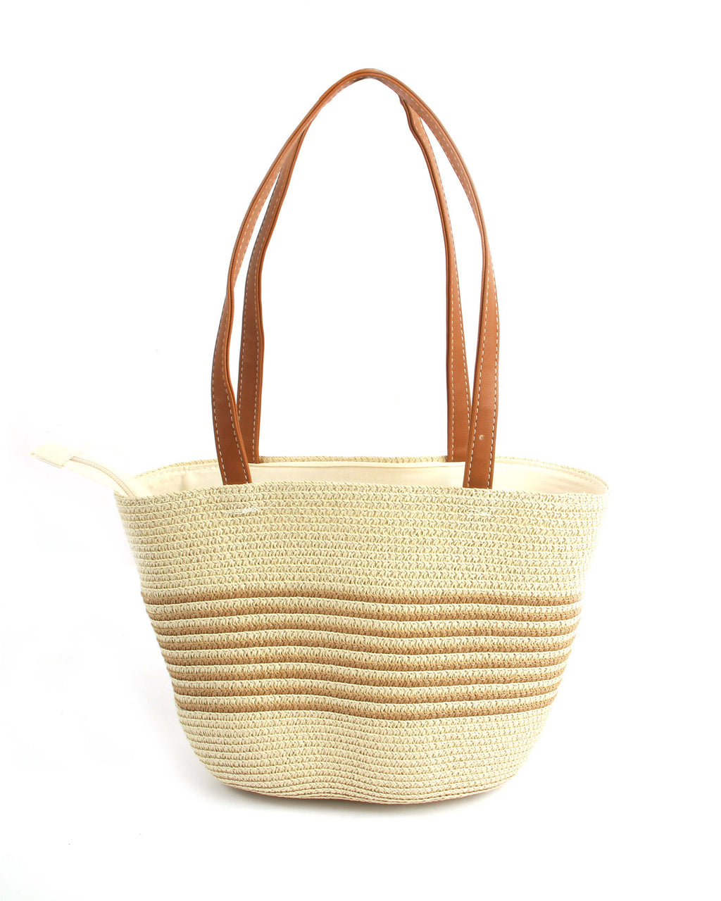 Lightweight Natural Wave-Pattern Straw Tote | Classic Light Beige