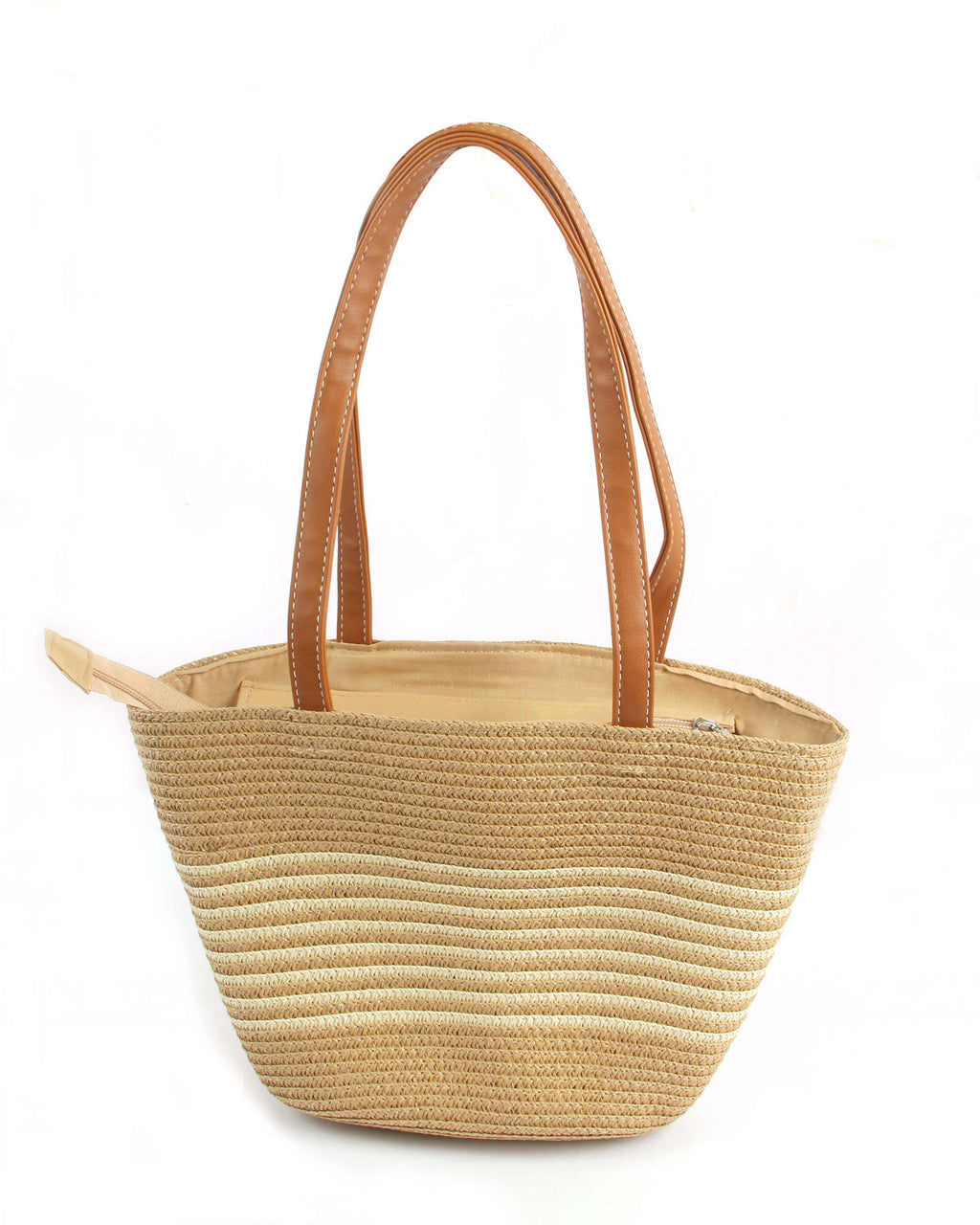 Lightweight Natural Wave-Pattern Straw Tote | Soft Light Brown