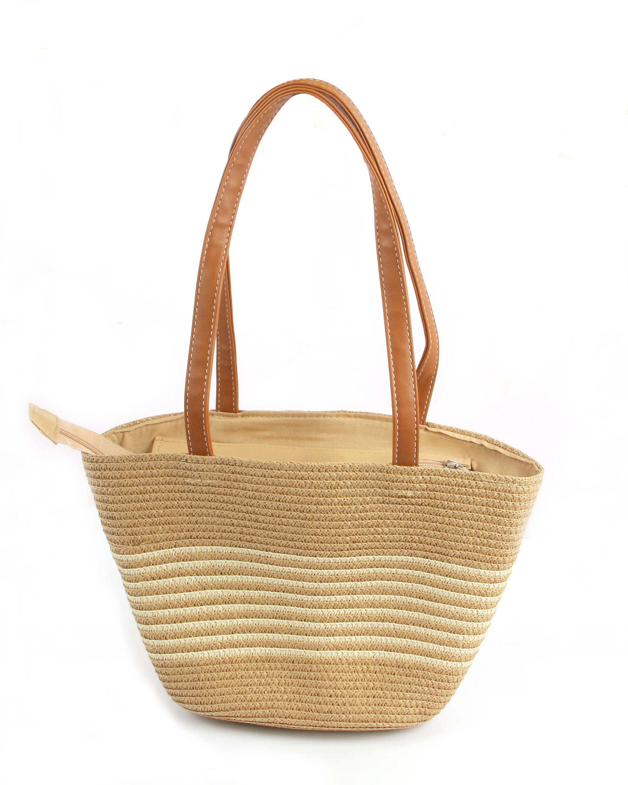 Lightweight Natural Wave-Pattern Straw Tote | Soft Light Brown