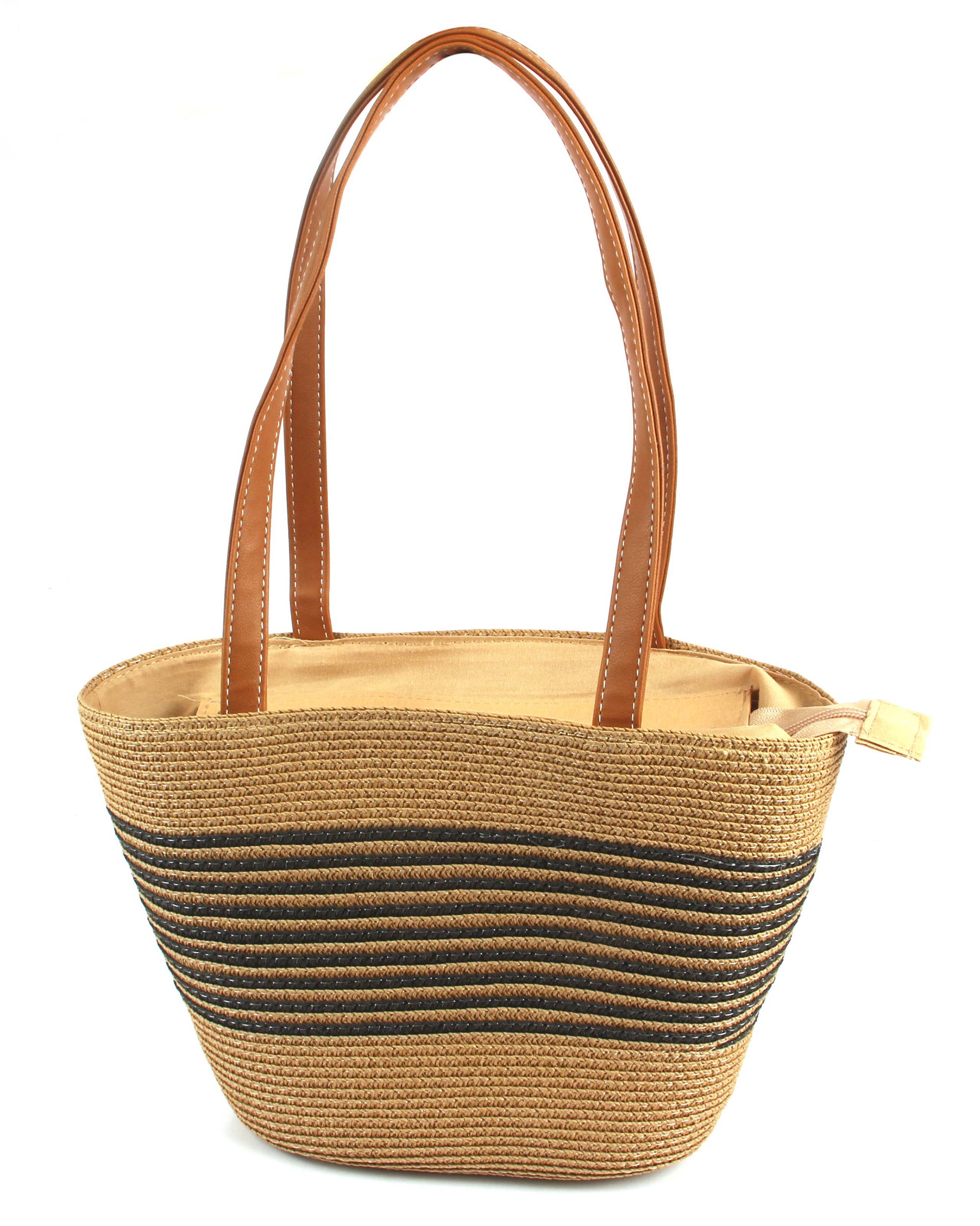 Lightweight Natural Wave-Pattern Straw Tote | Earthy Brown