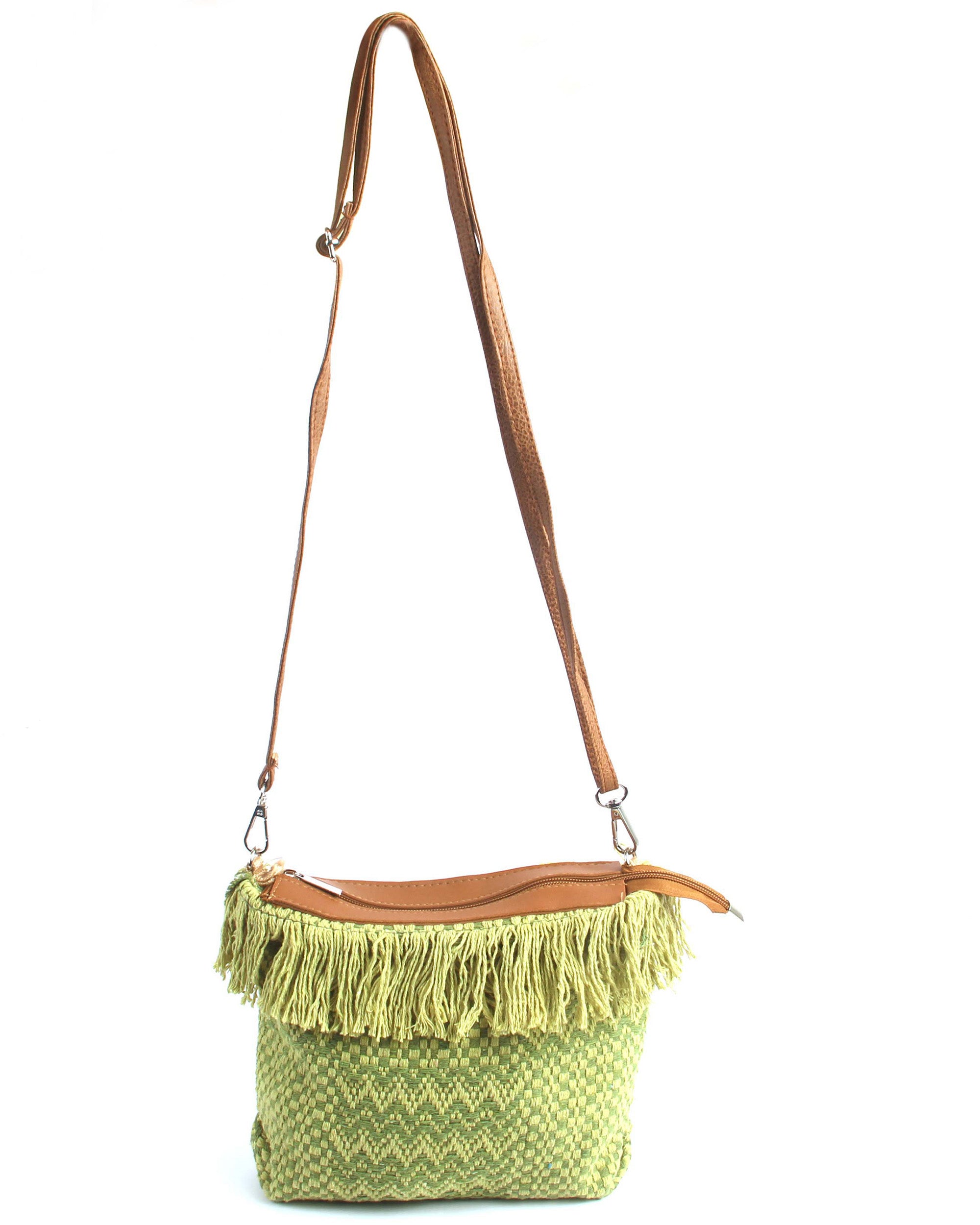 Woven Fringe Boho Bag |  Olive Green Strips