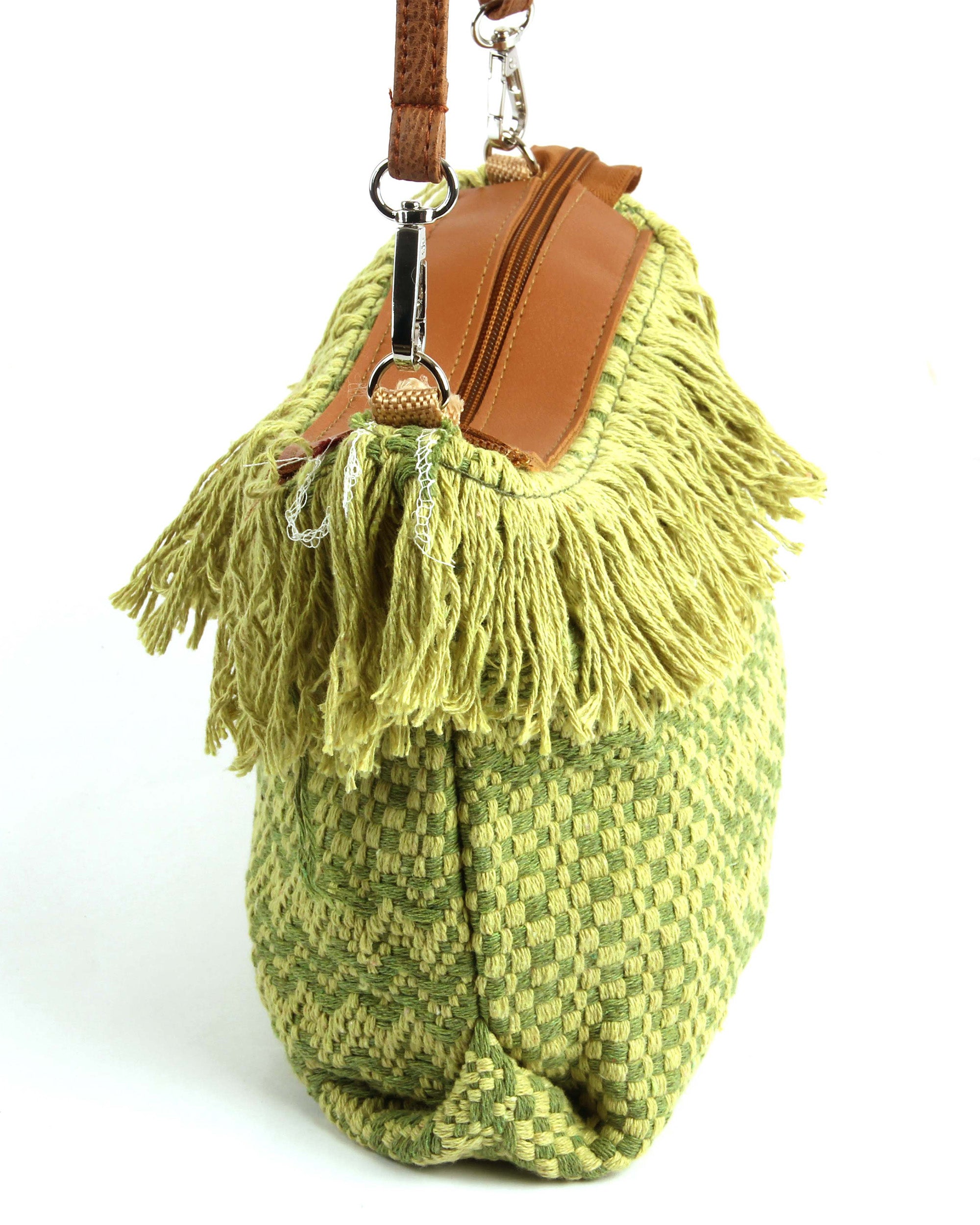 Woven Fringe Boho Bag |  Olive Green Strips